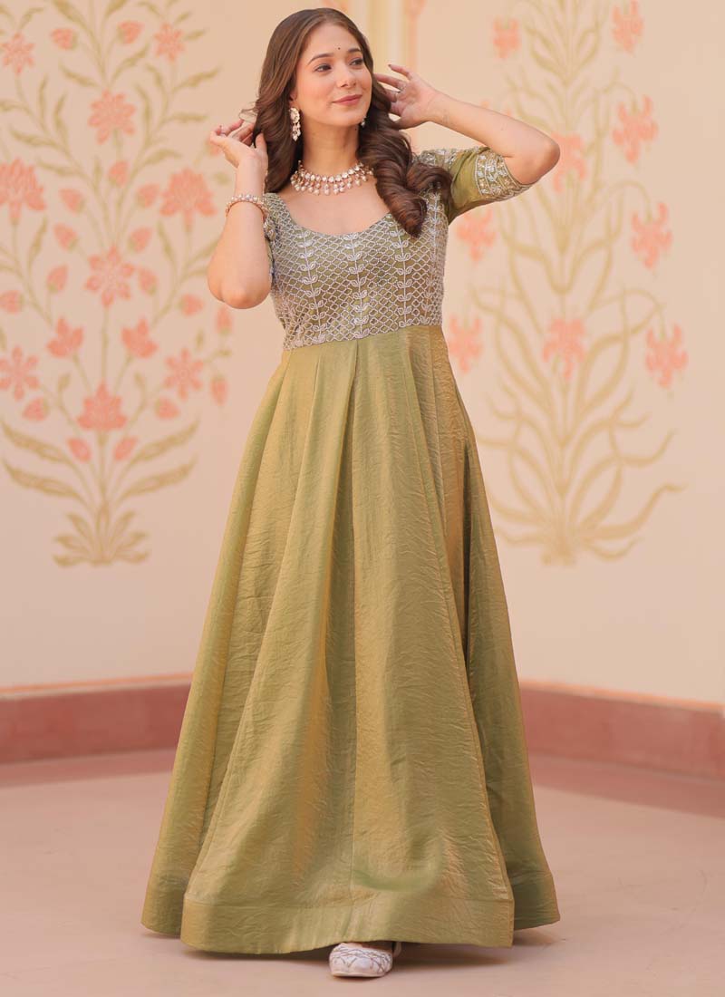 Mahendi Silk Beads Embroidered Gown for Formal Occasions