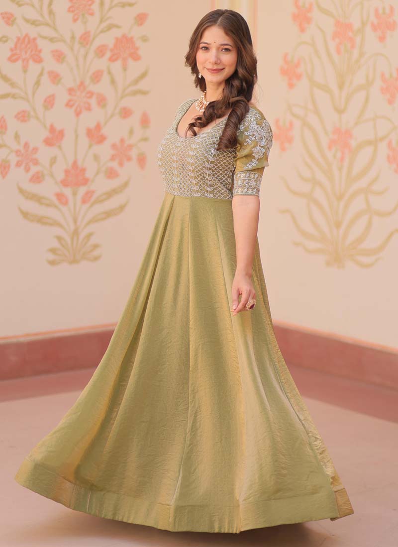 Mahendi Silk Beads Embroidered Gown for Formal Occasions