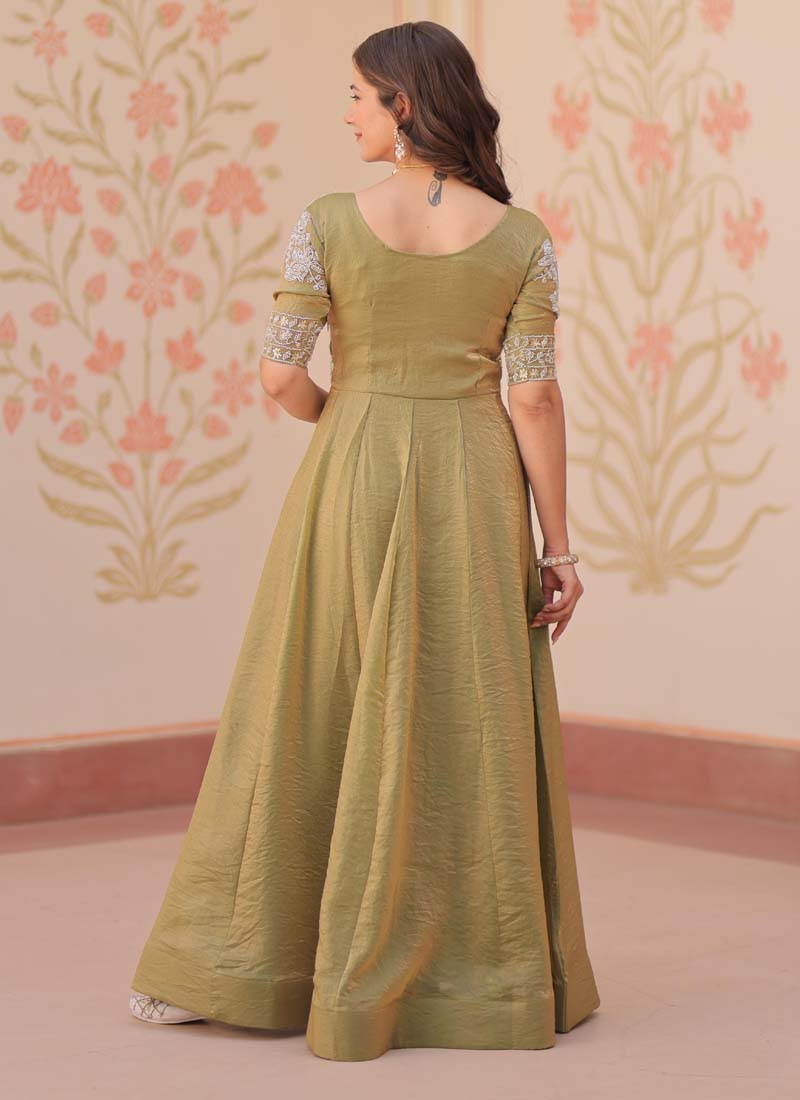 Mahendi Silk Beads Embroidered Gown for Formal Occasions
