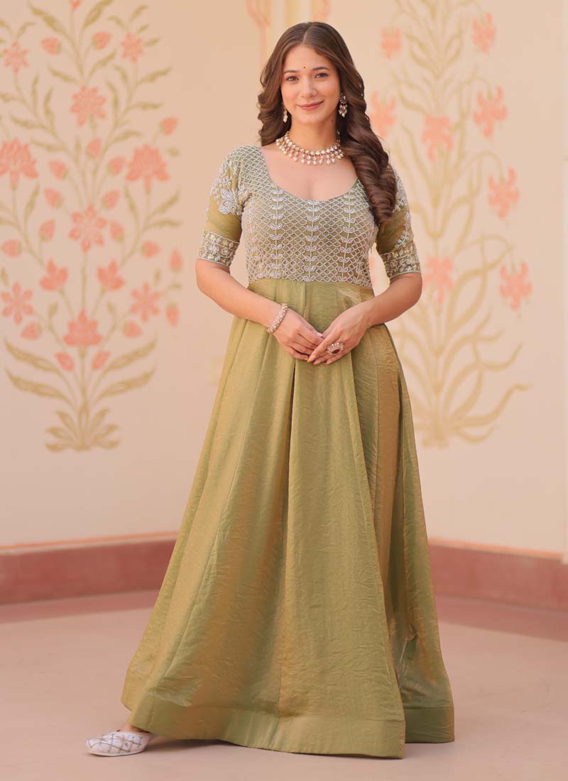 Mahendi Silk Beads Embroidered Gown for Formal Occasions