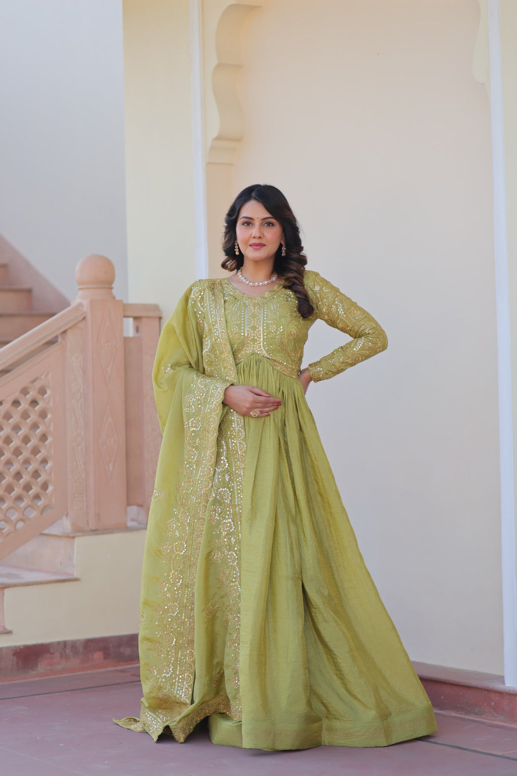 Parrot Green Gold Crush Sequins Embroidered Gown with Dupatta