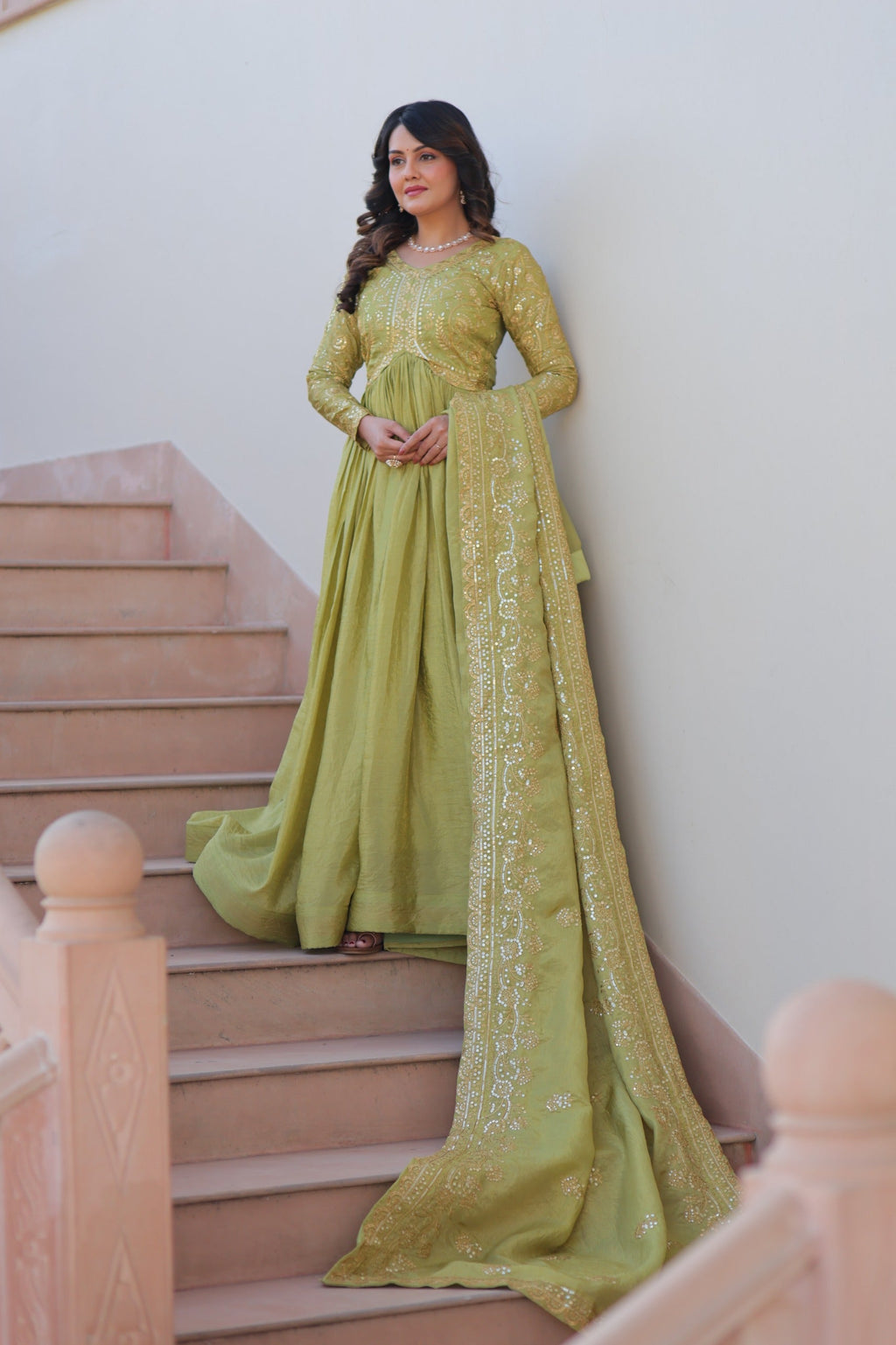 Parrot Green Gold Crush Sequins Embroidered Gown with Dupatta