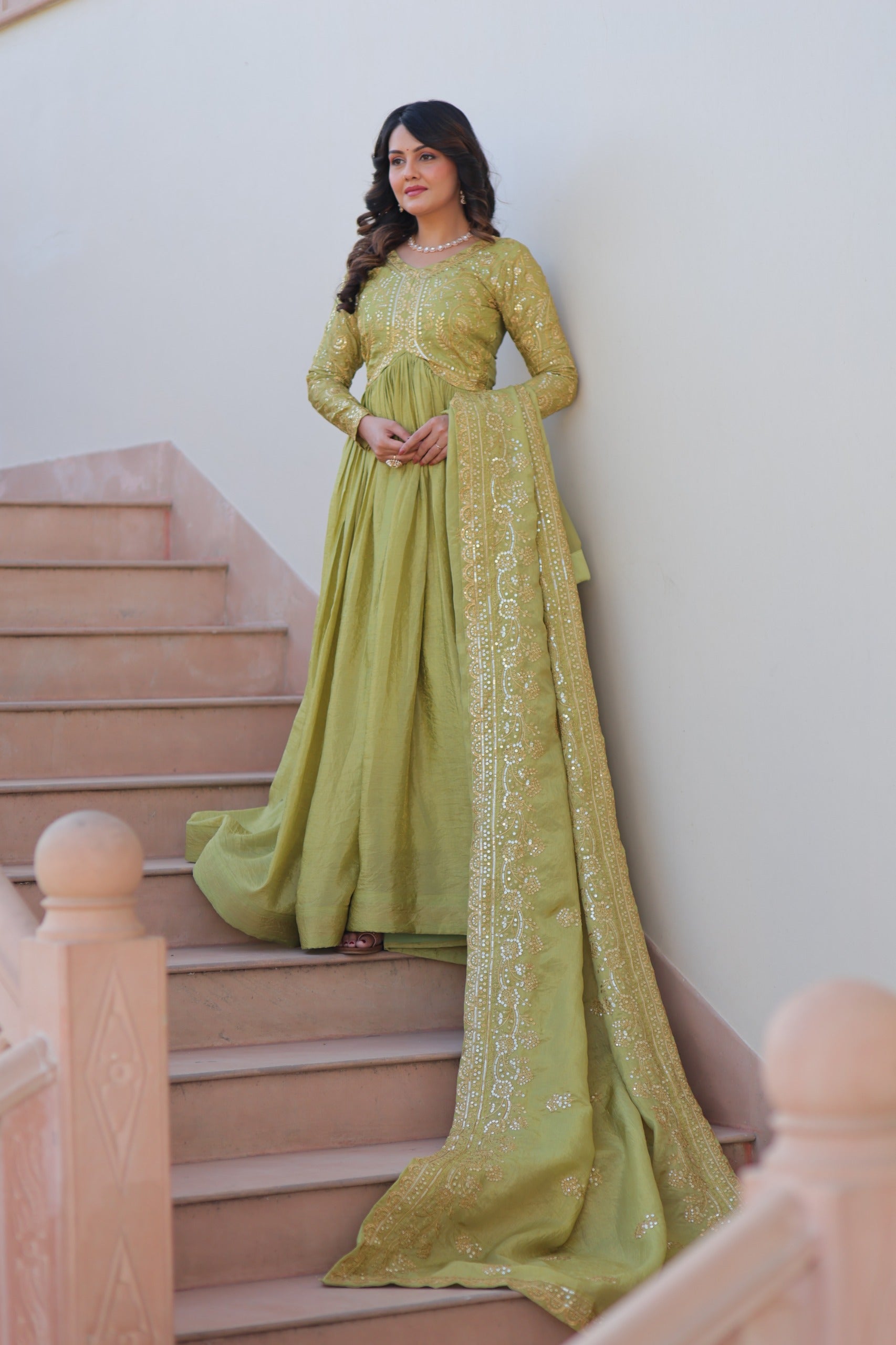 Parrot Green Gold Crush Sequins Embroidered Gown with Dupatta