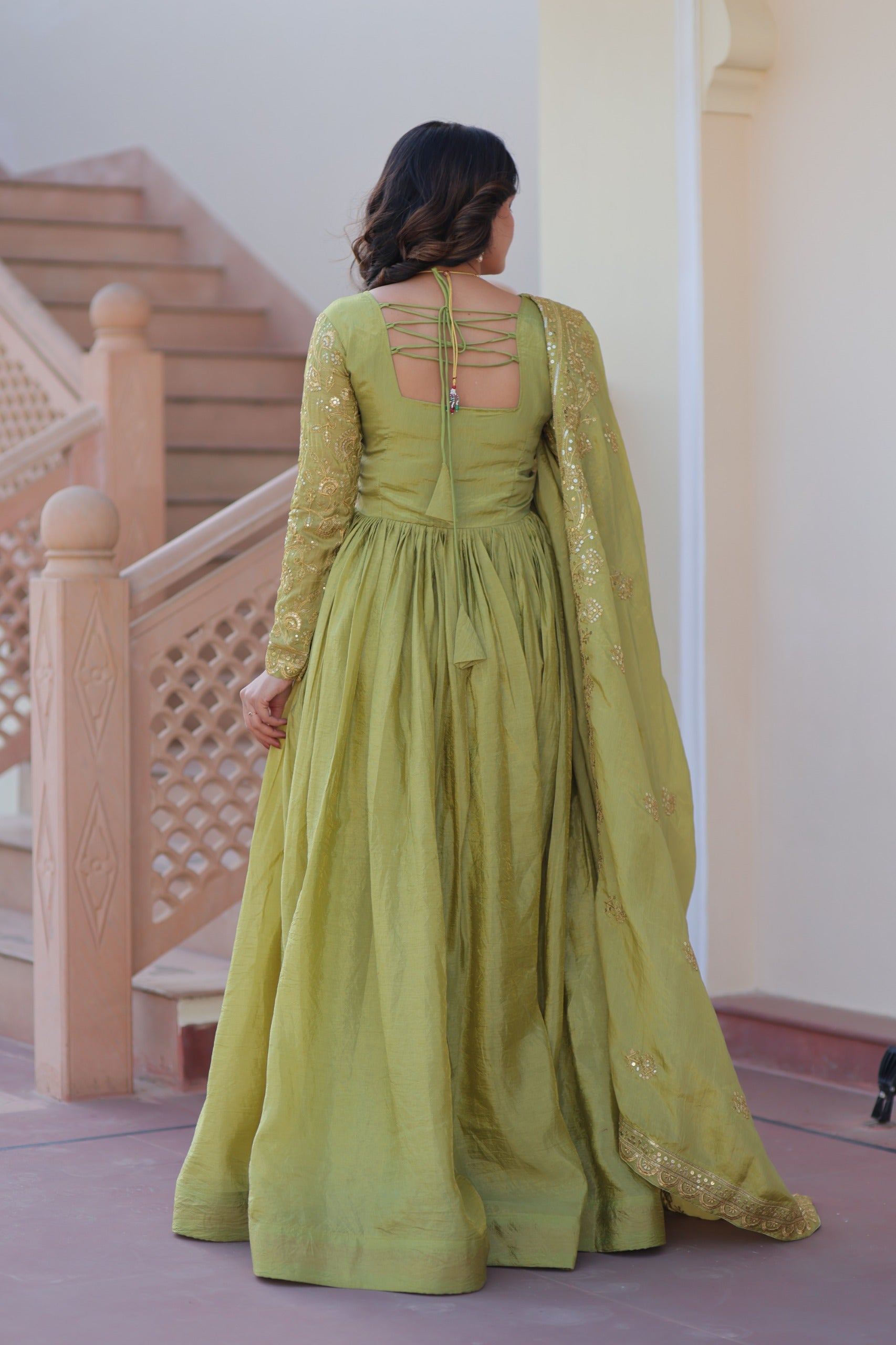 Parrot Green Gold Crush Sequins Embroidered Gown with Dupatta