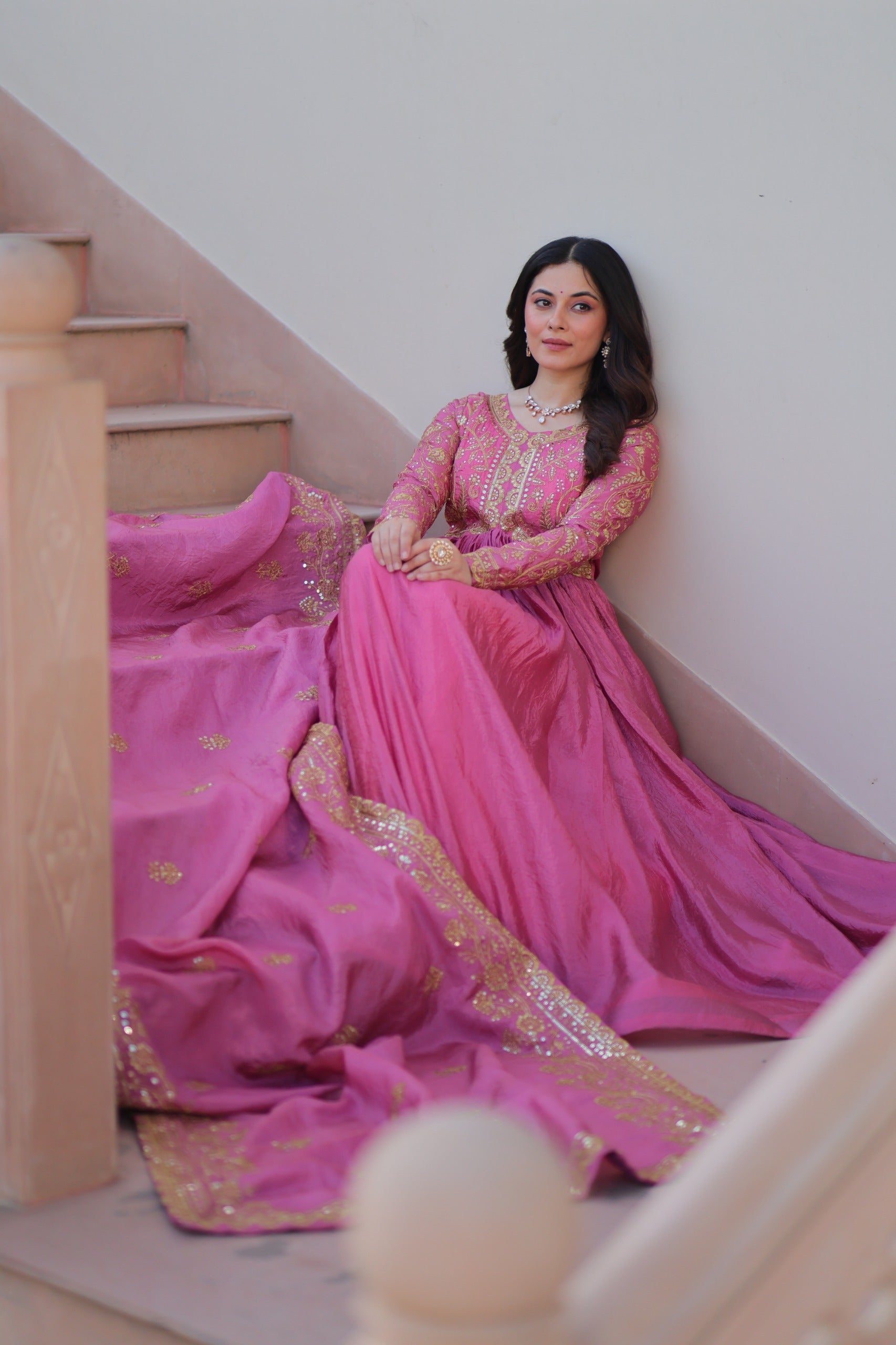 Light Pink Gold Crush Sequins Embroidered Gown with Dupatta