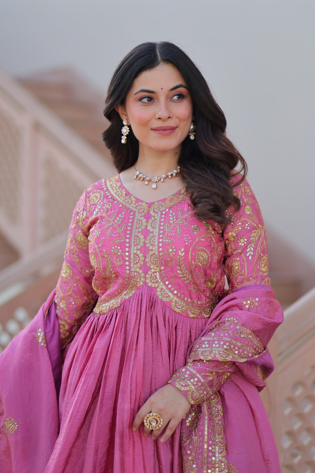 Light Pink Gold Crush Sequins Embroidered Gown with Dupatta
