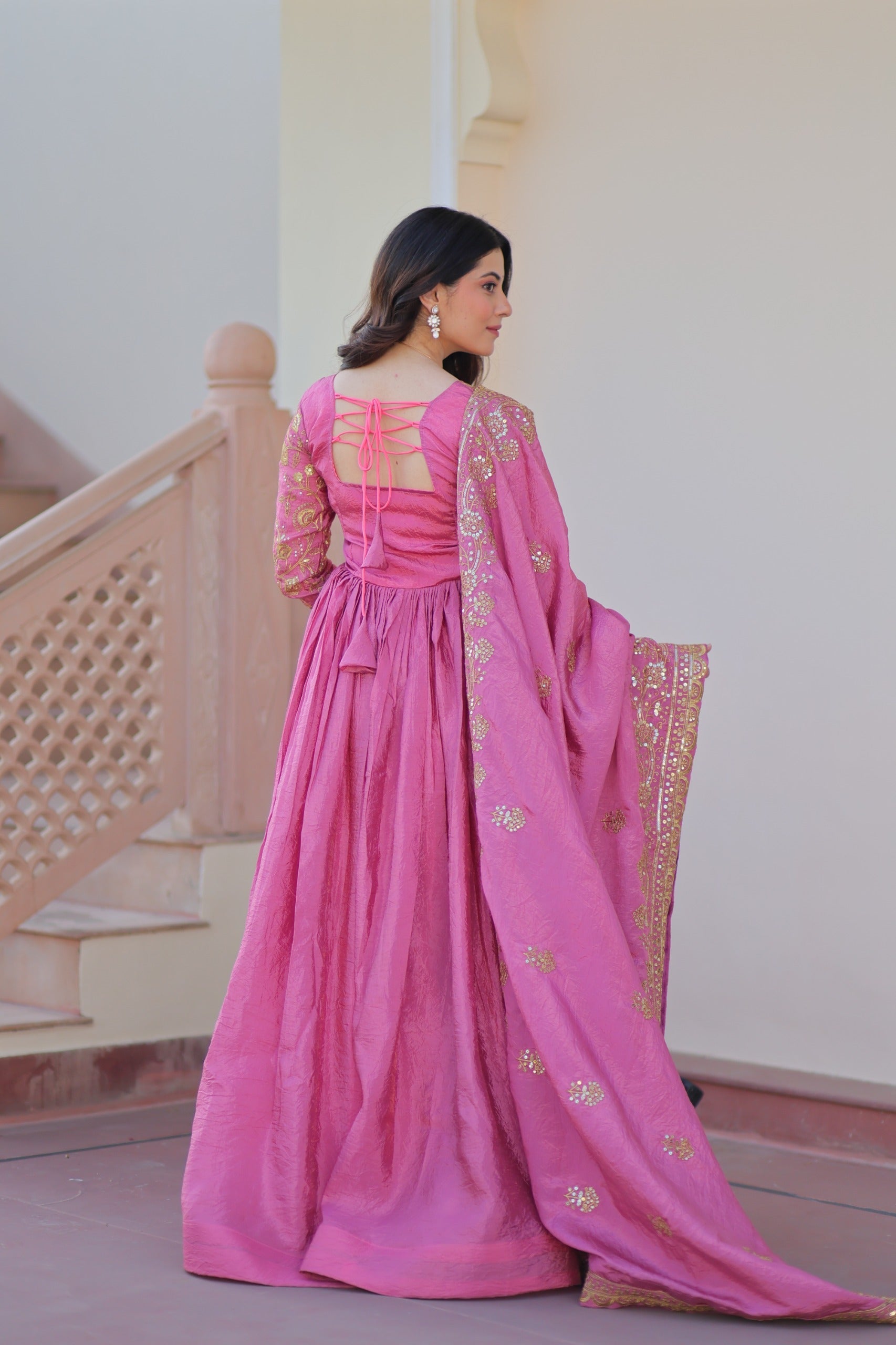 Light Pink Gold Crush Sequins Embroidered Gown with Dupatta