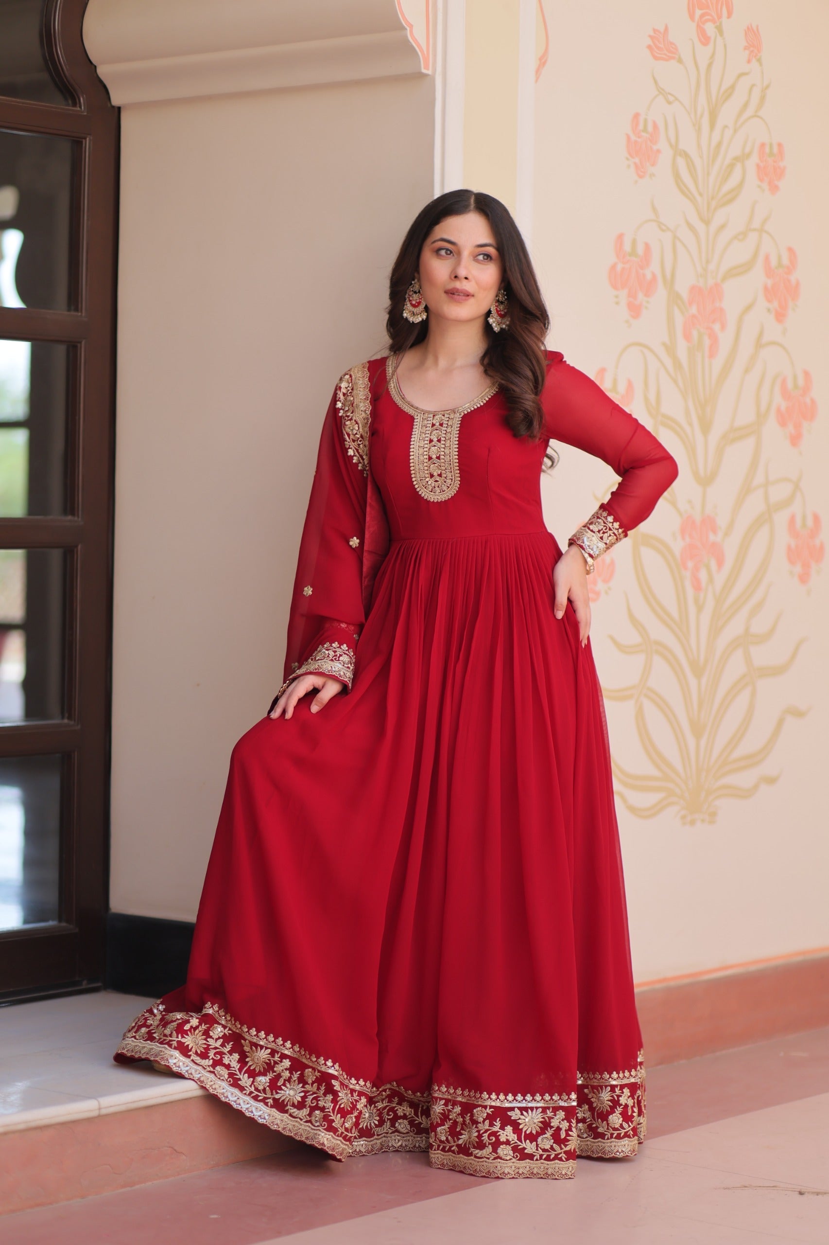Maroon Faux Blooming Georgette Zari & Sequins Gown