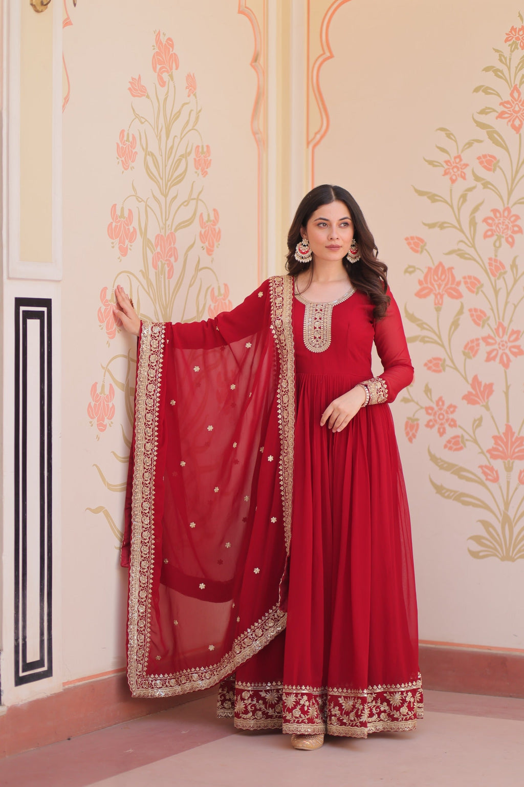 Maroon Faux Blooming Georgette Zari & Sequins Gown