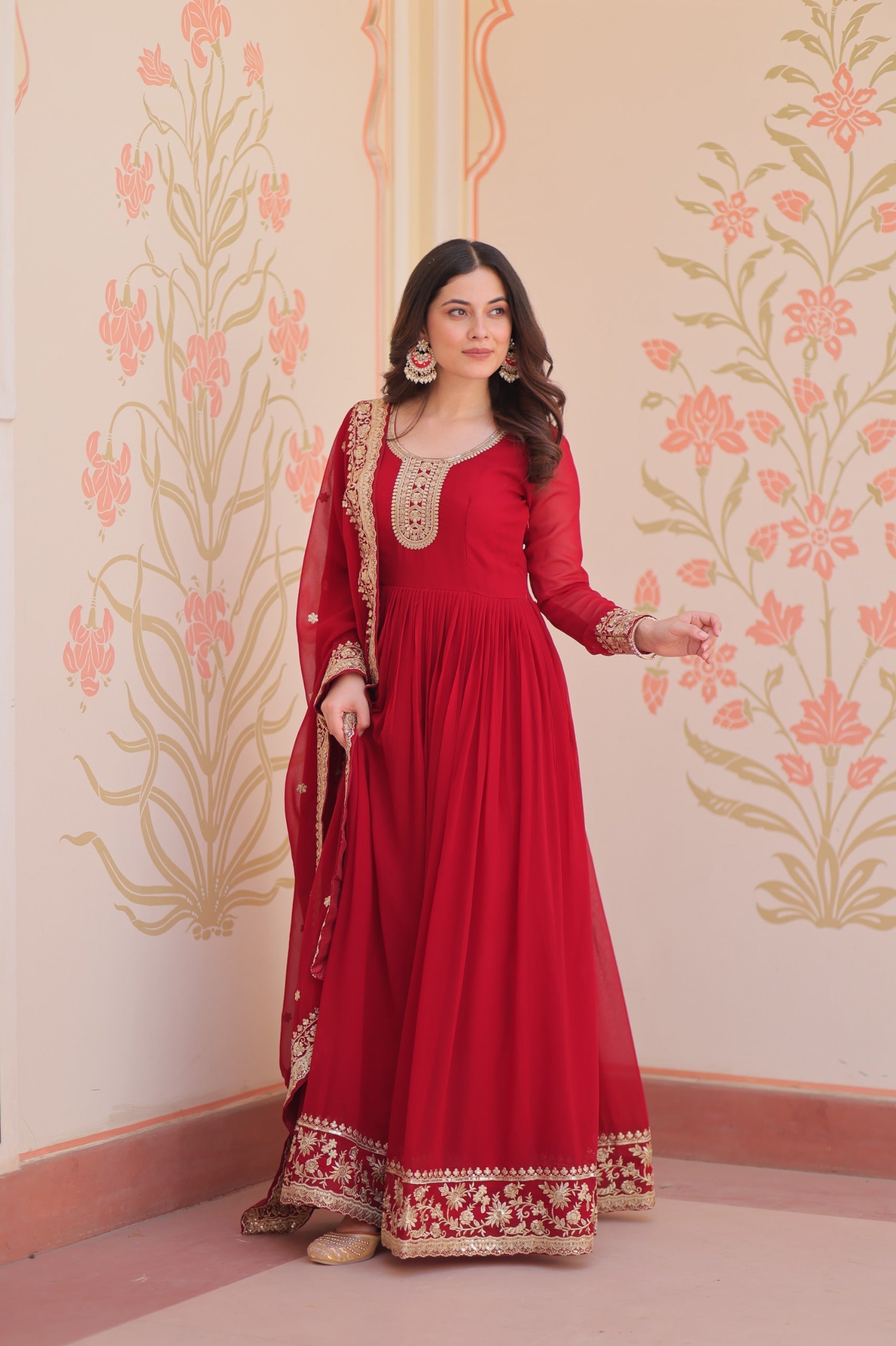 Maroon Faux Blooming Georgette Zari & Sequins Gown