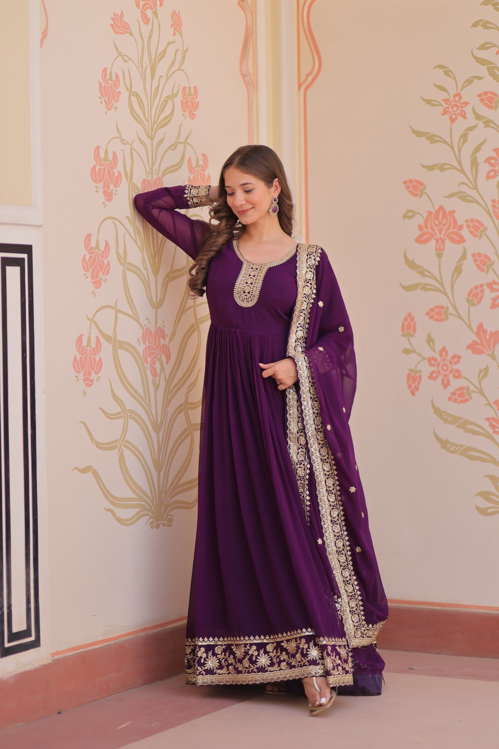 Purple Georgette Zari and Sequins Embroidered Gown
