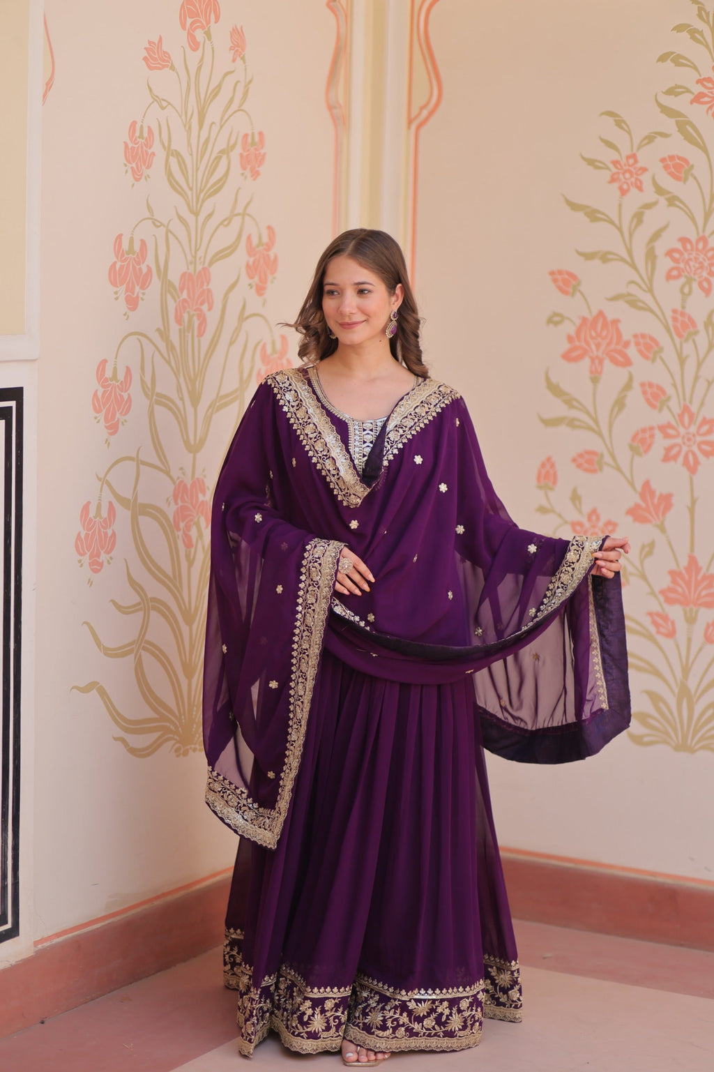 Purple Georgette Zari and Sequins Embroidered Gown