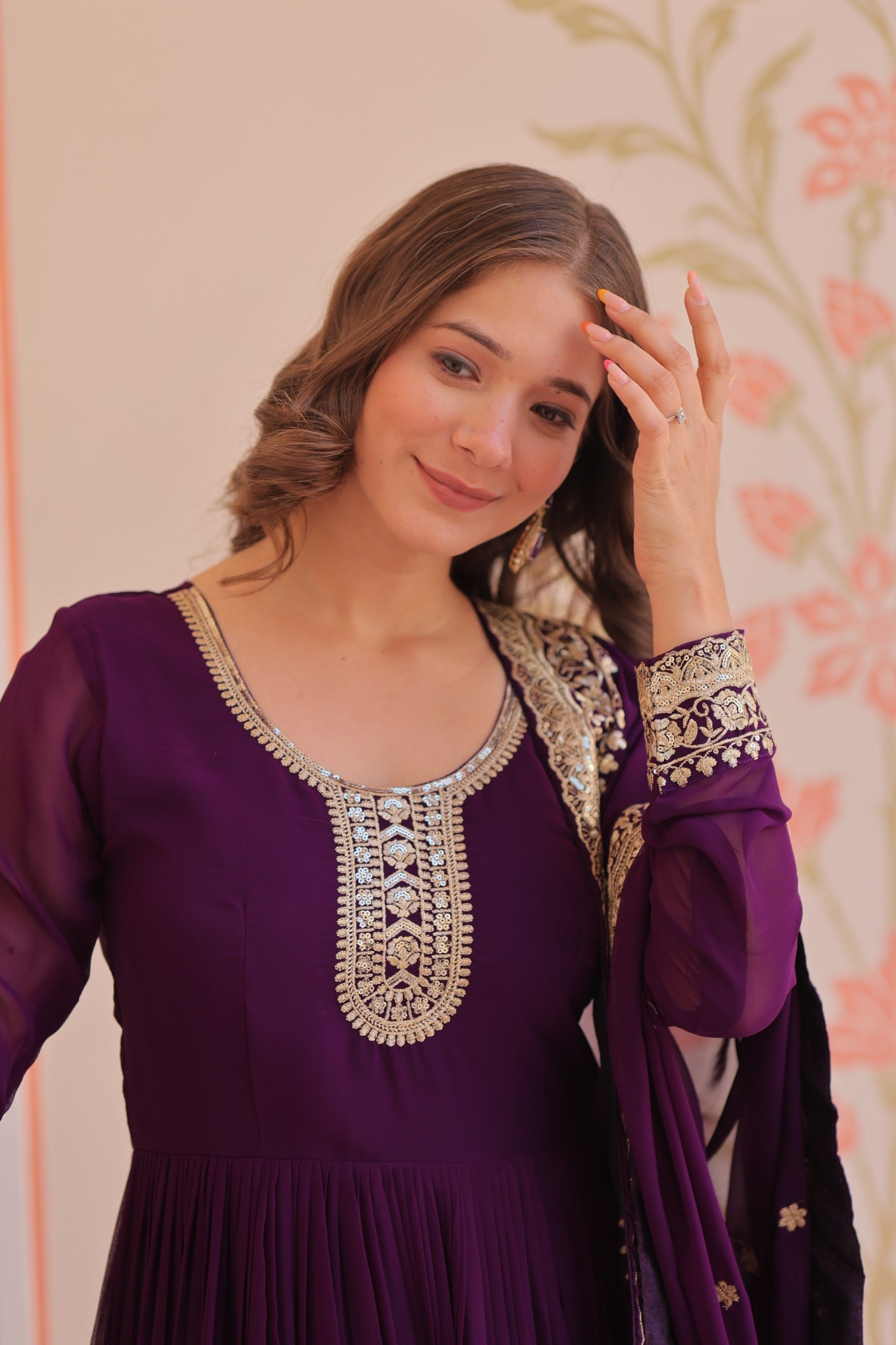 Purple Georgette Zari and Sequins Embroidered Gown