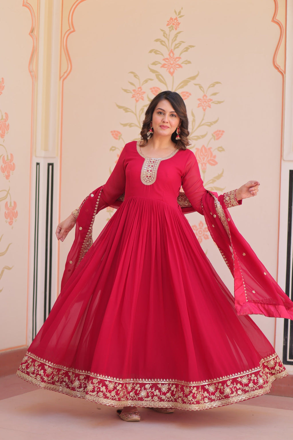 Prazu Fashion Rani Pink Georgette Zari & Sequins Embroidered Gown