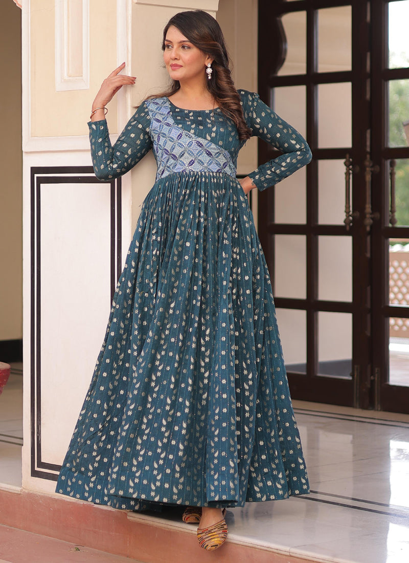 Rama Silk Gown with Position Print and Jacquard Weaving