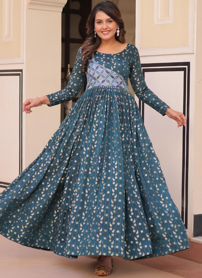 Rama Silk Gown with Position Print and Jacquard Weaving