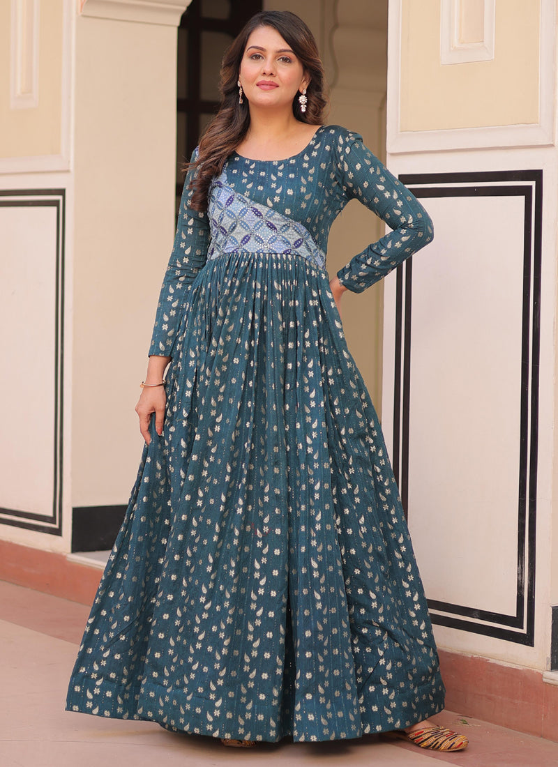 Rama silk gown with position print design and detailed jacquard weaving.