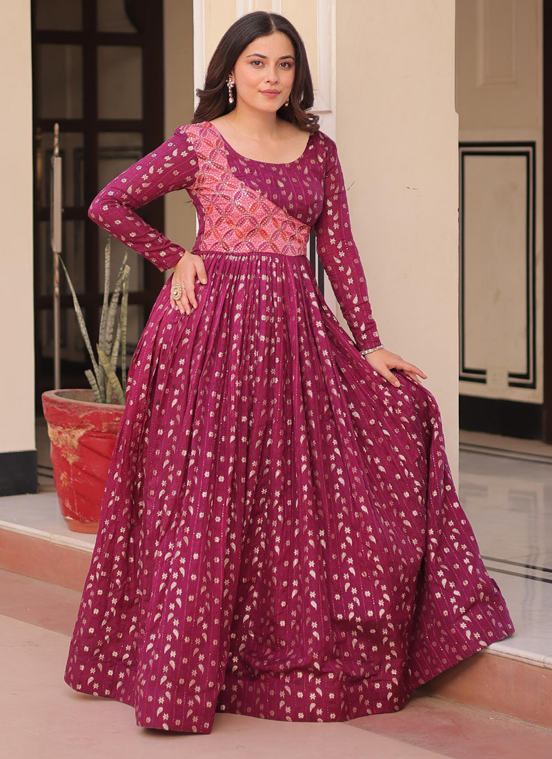 Wine Silk Position Print Jacquard Weaving Gown