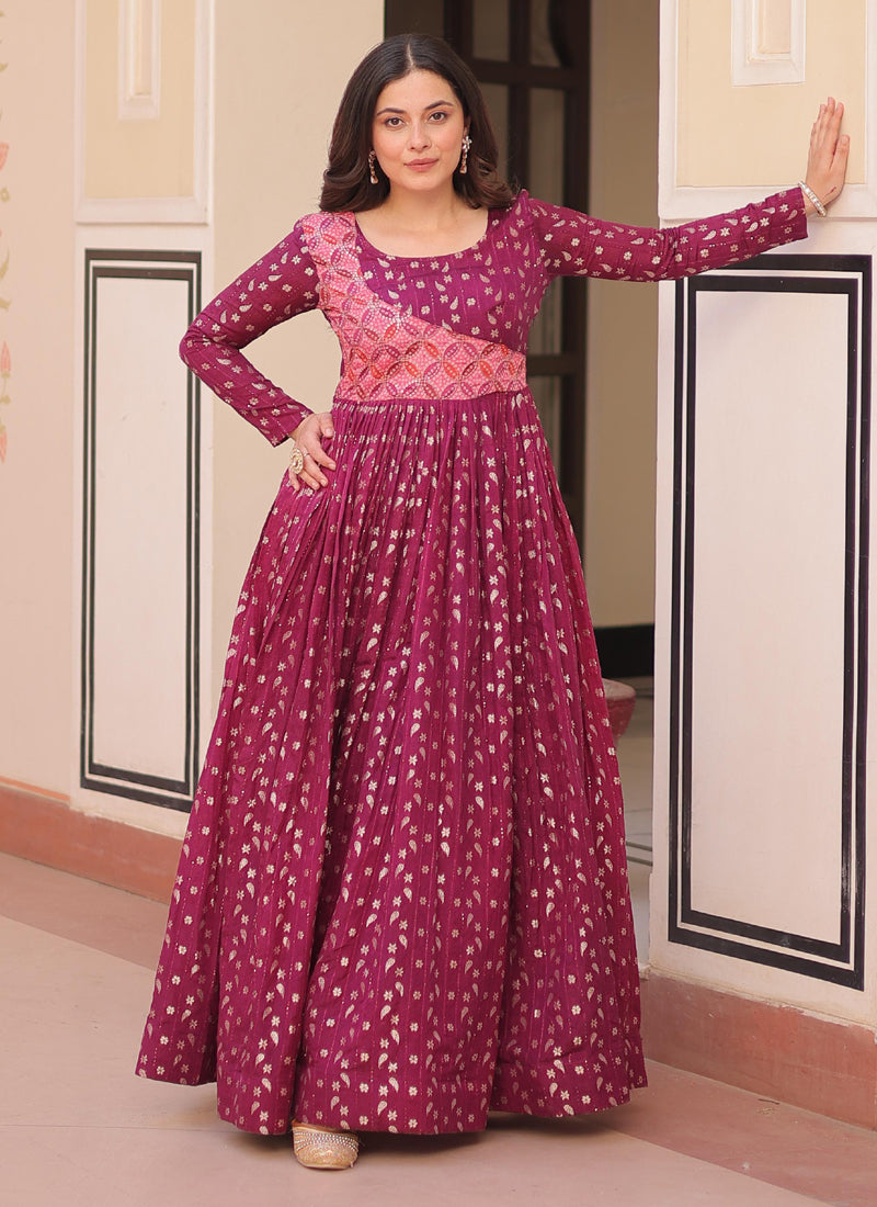 Wine Silk Position Print Jacquard Weaving Gown