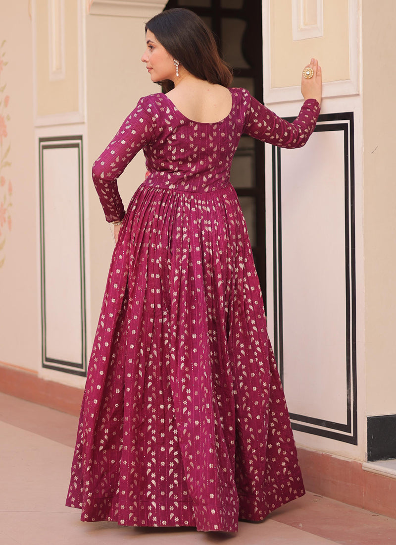Wine Silk Position Print Jacquard Weaving Gown