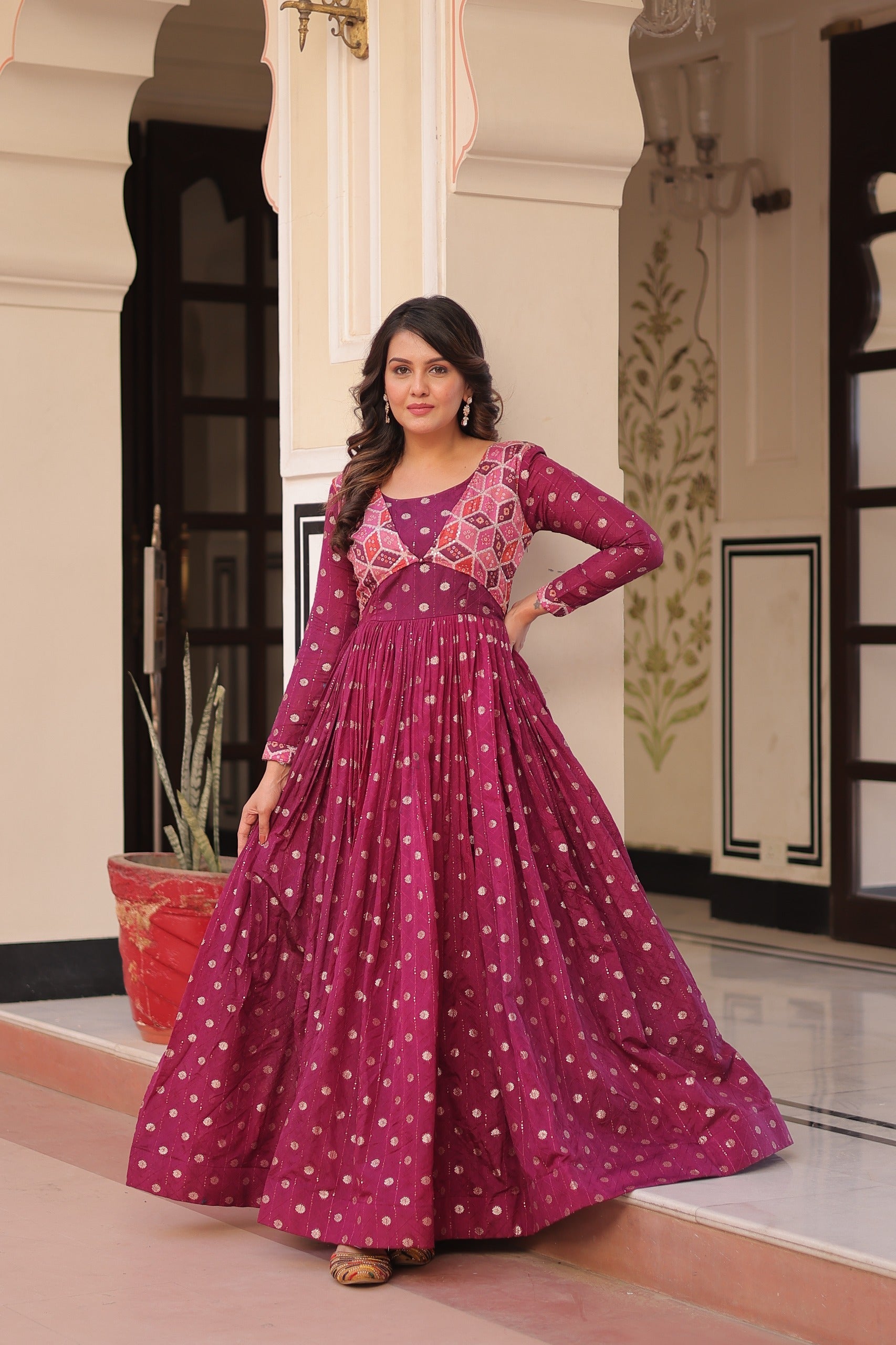 Wine Position Print Choli with Staple Jacquard Weaving Gown