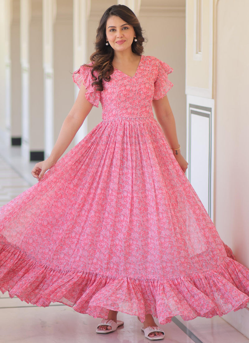 Prazu Fashion Light Pink Georgette Printed Gown