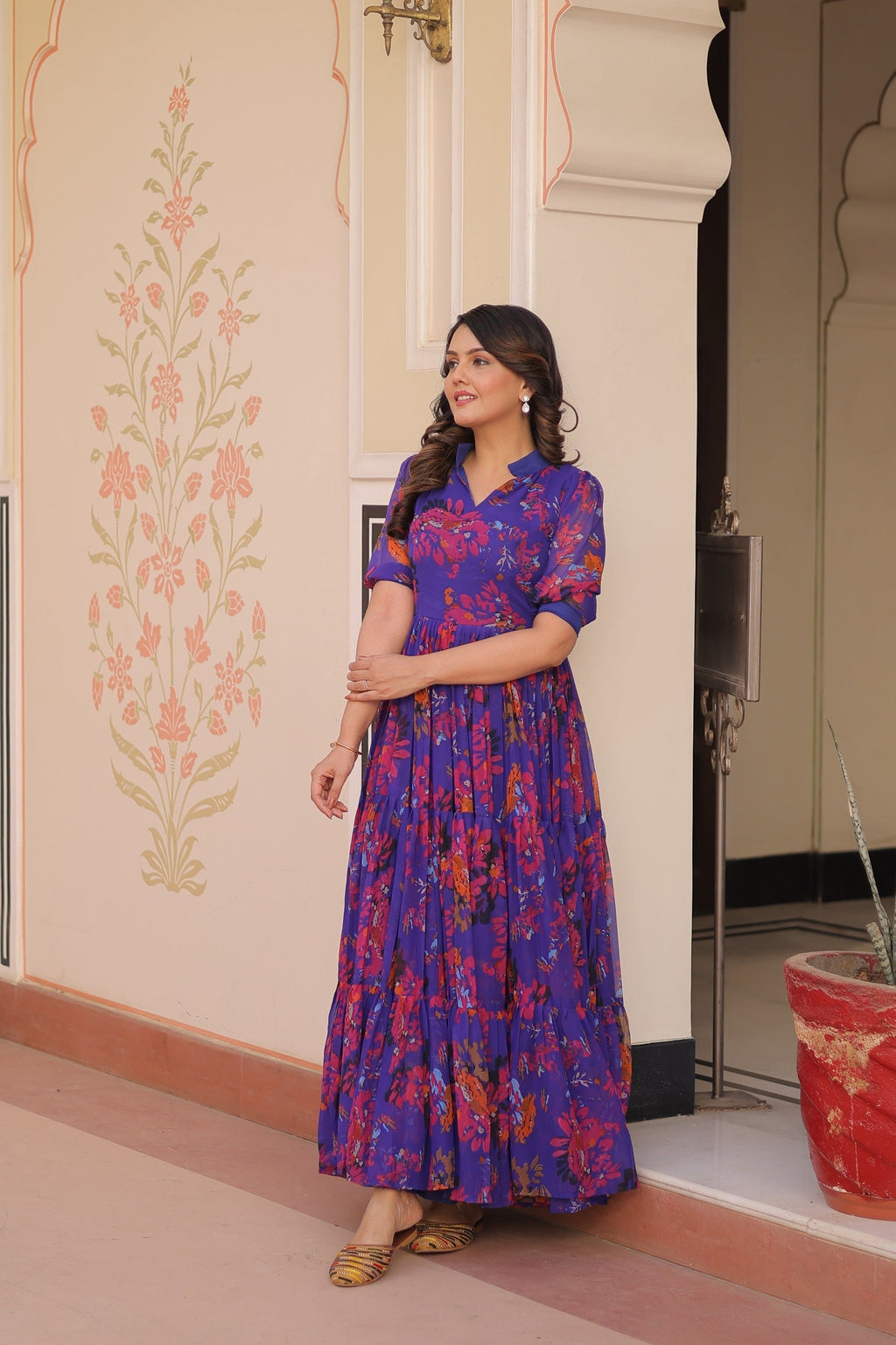Prazu Fashion Violet Blue Georgette Printed Designer Gown
