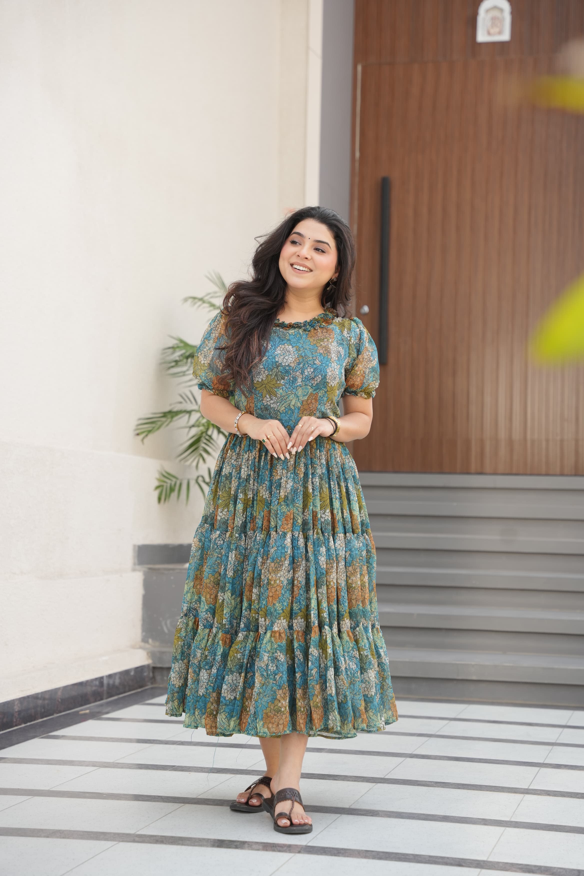 Light Blue Printed Faux Georgette Flared Gown for Women