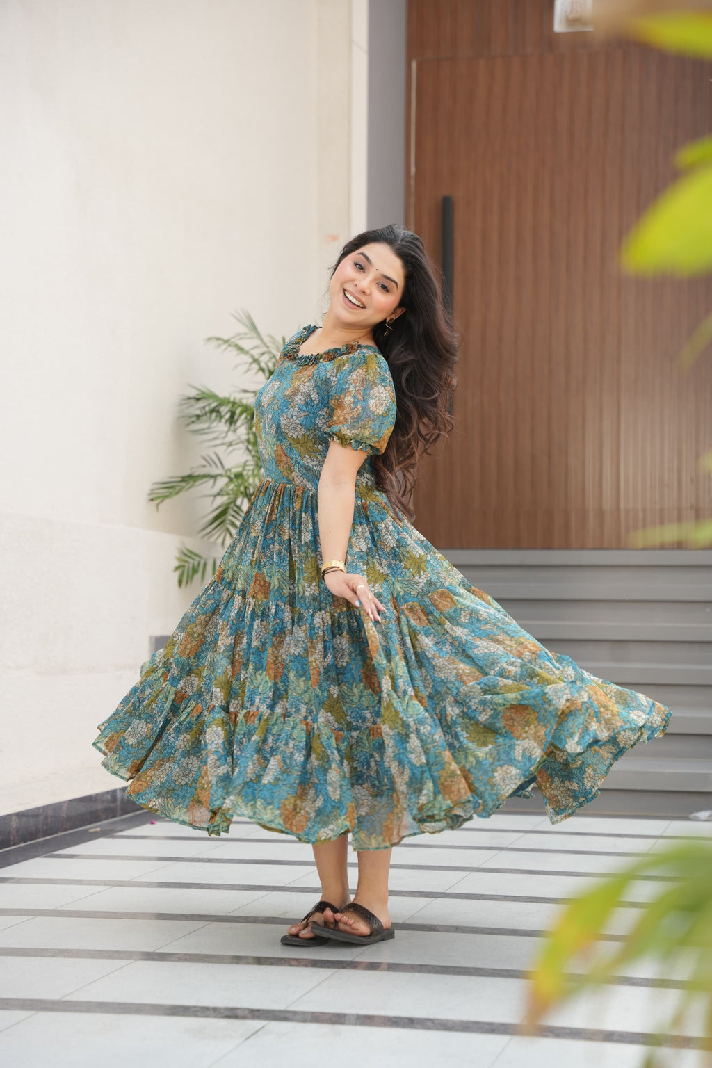Light Blue Printed Faux Georgette Flared Gown for Women
