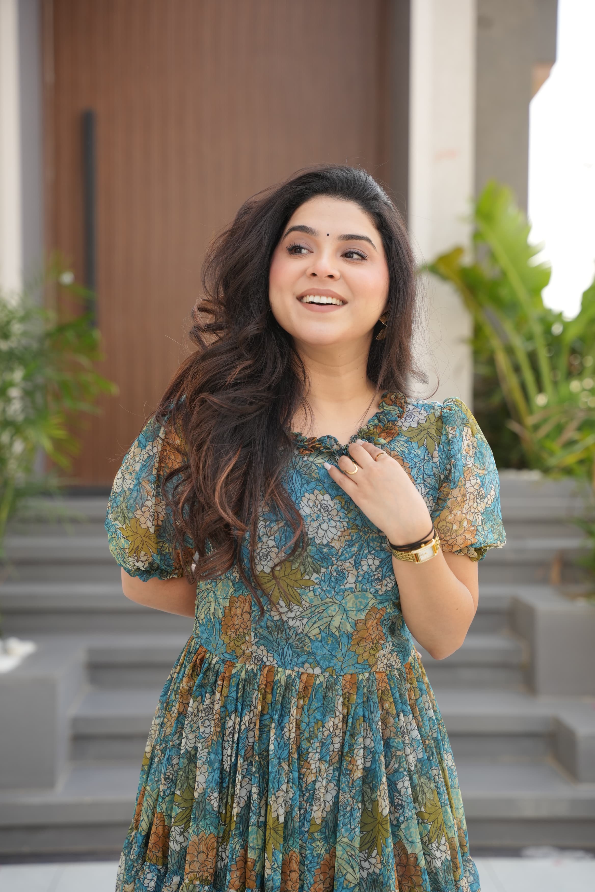 Light Blue Printed Faux Georgette Flared Gown for Women