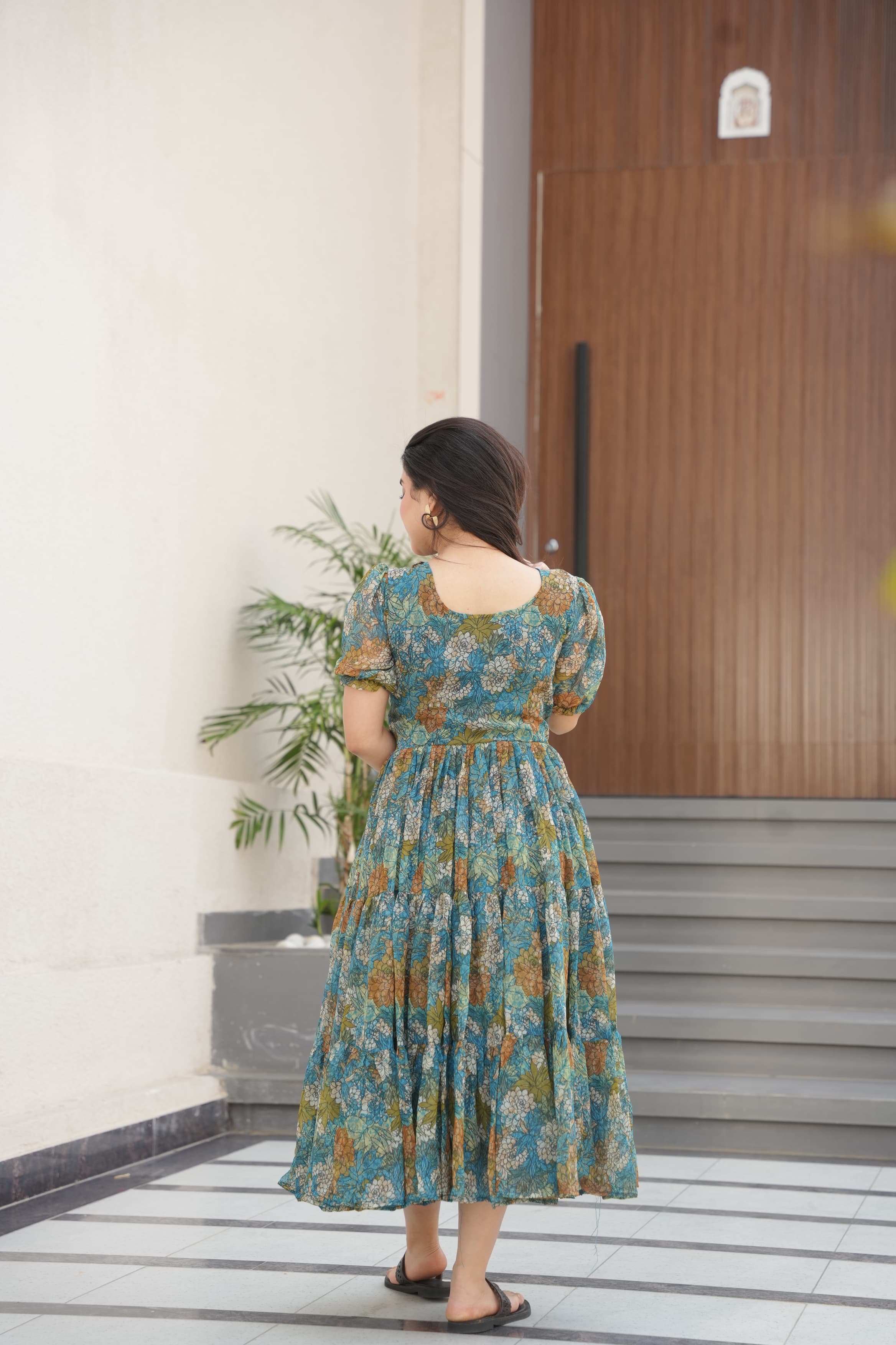 Light Blue Printed Faux Georgette Flared Gown for Women