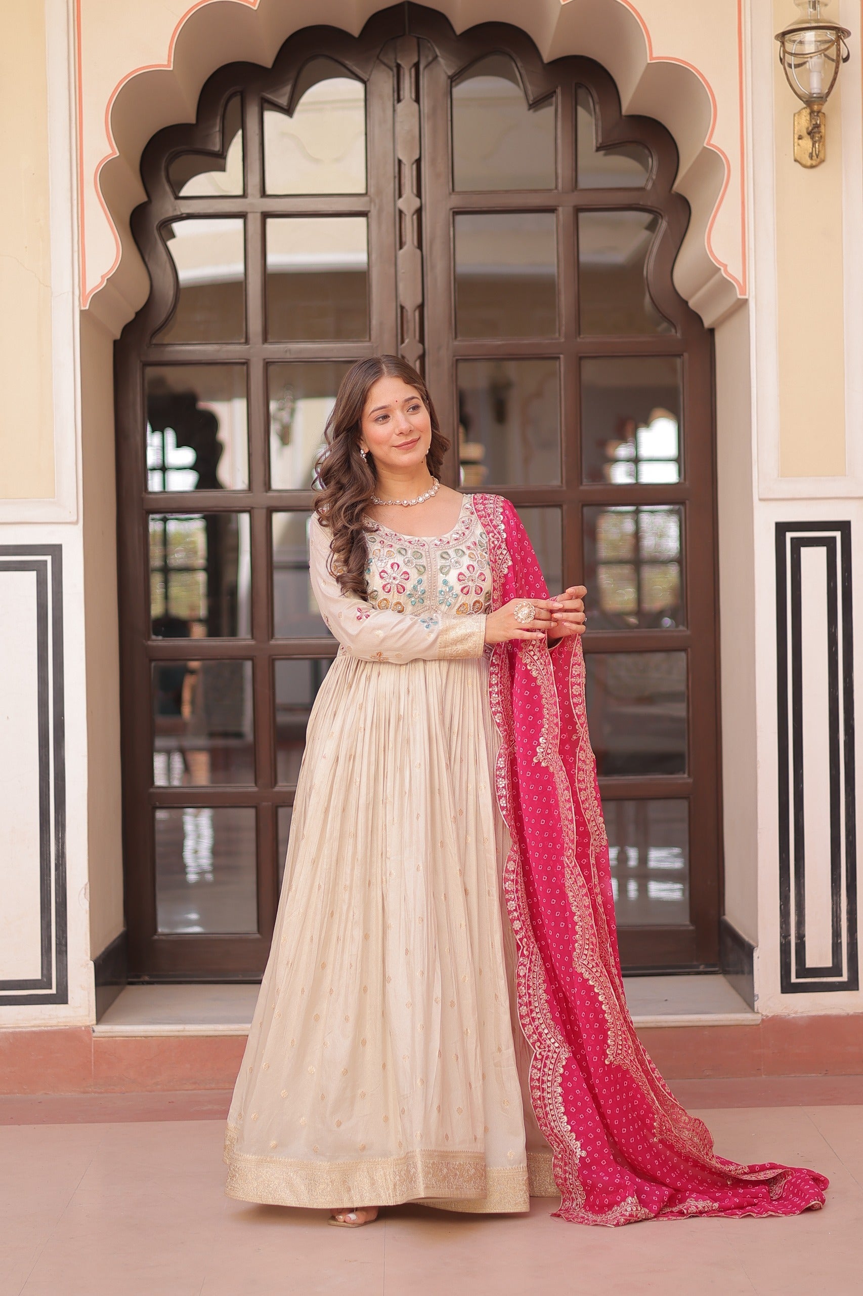 Cream Cosmos Weaving Jacquard Pearl Beads Embroidered Gown
