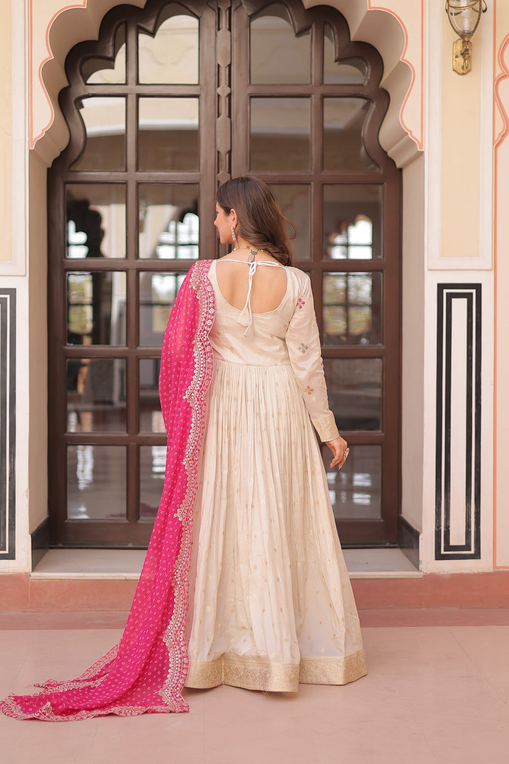 Cream Cosmos Weaving Jacquard Pearl Beads Embroidered Gown