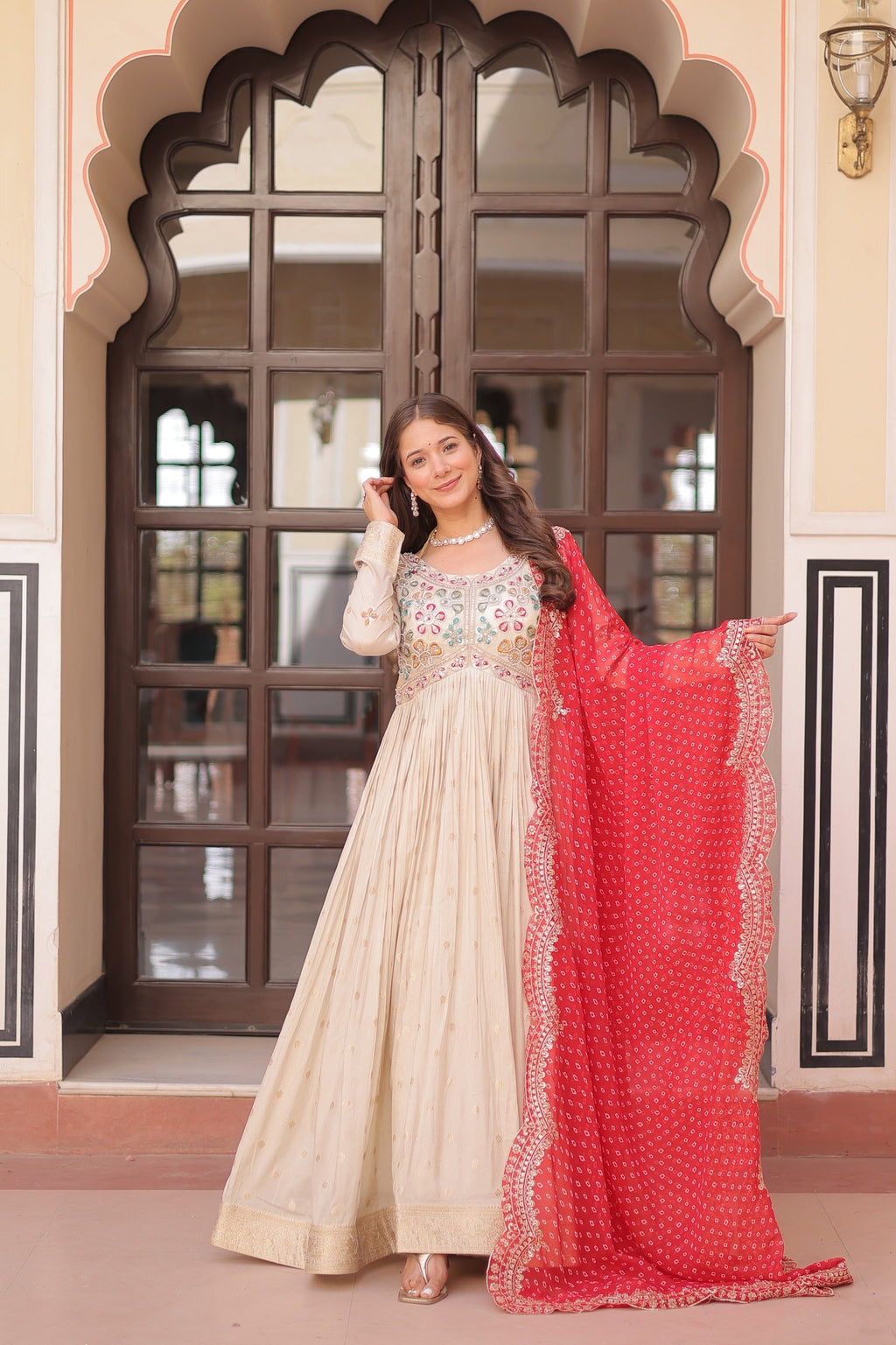 Cream Jacquard Gown with Pearl Beads Embroidered Work