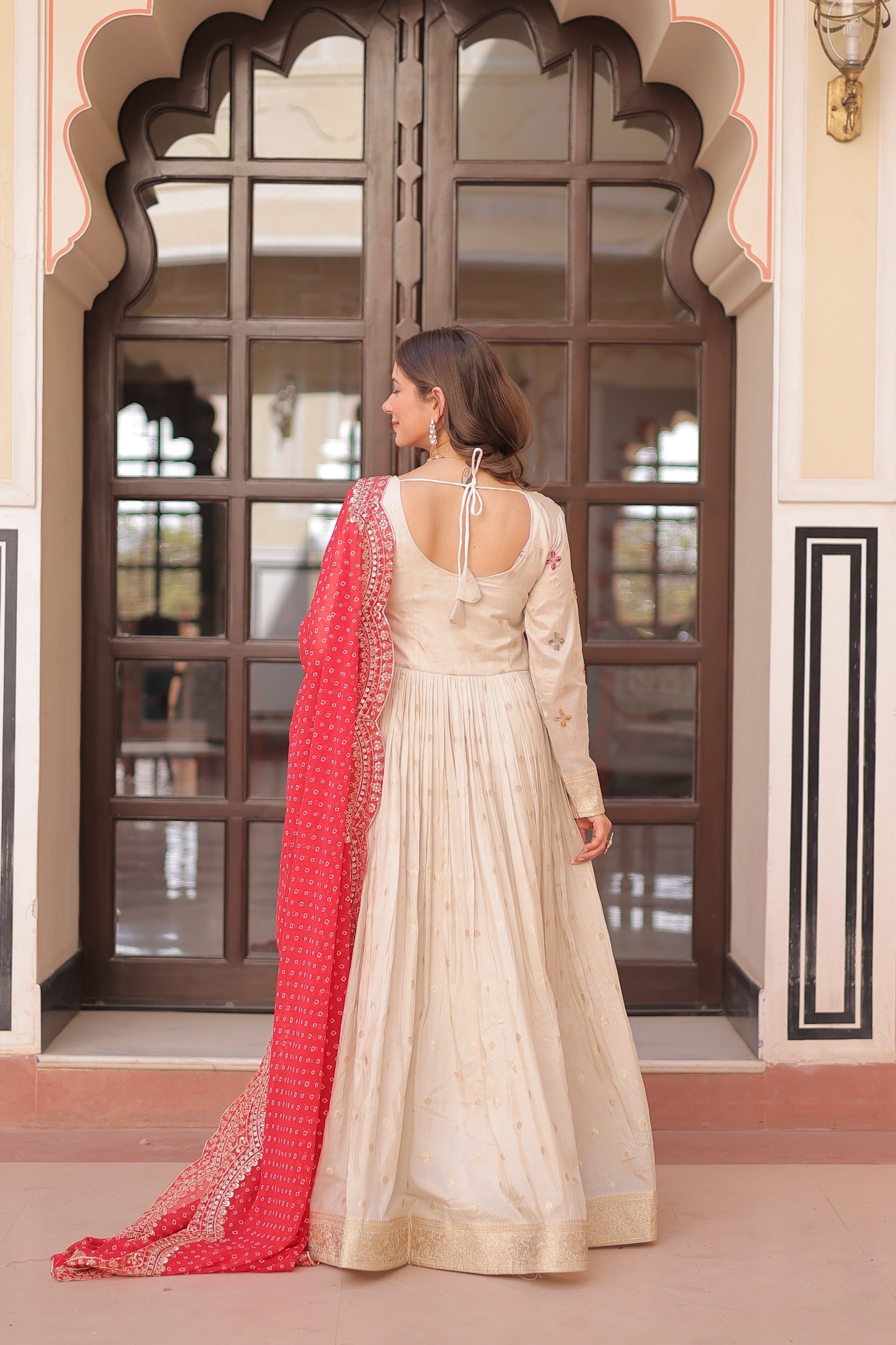 Cream Jacquard Gown with Pearl Beads Embroidered Work