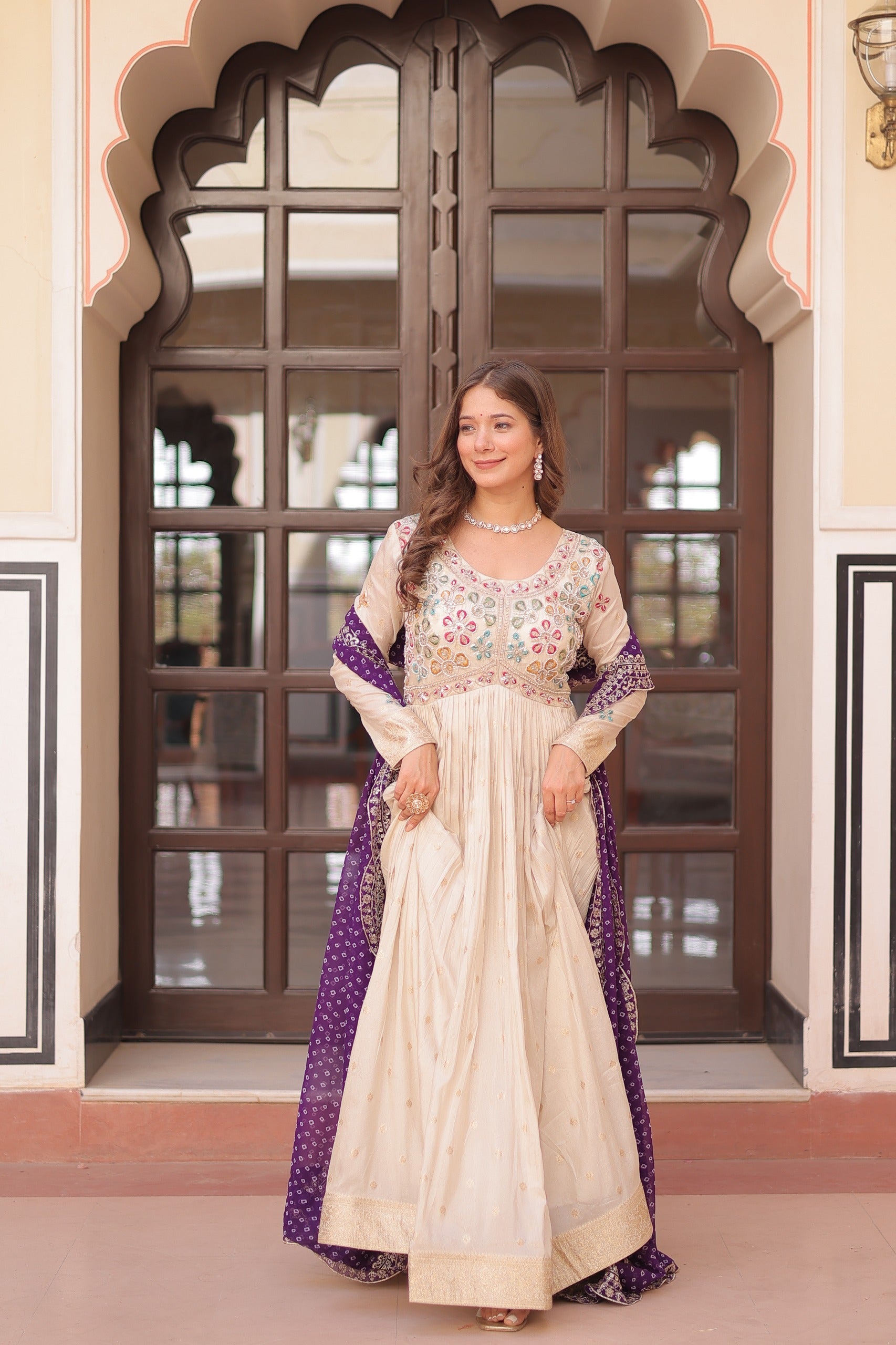 Cream Cosmos Jacquard Gown with Pearl Bead Embroidery