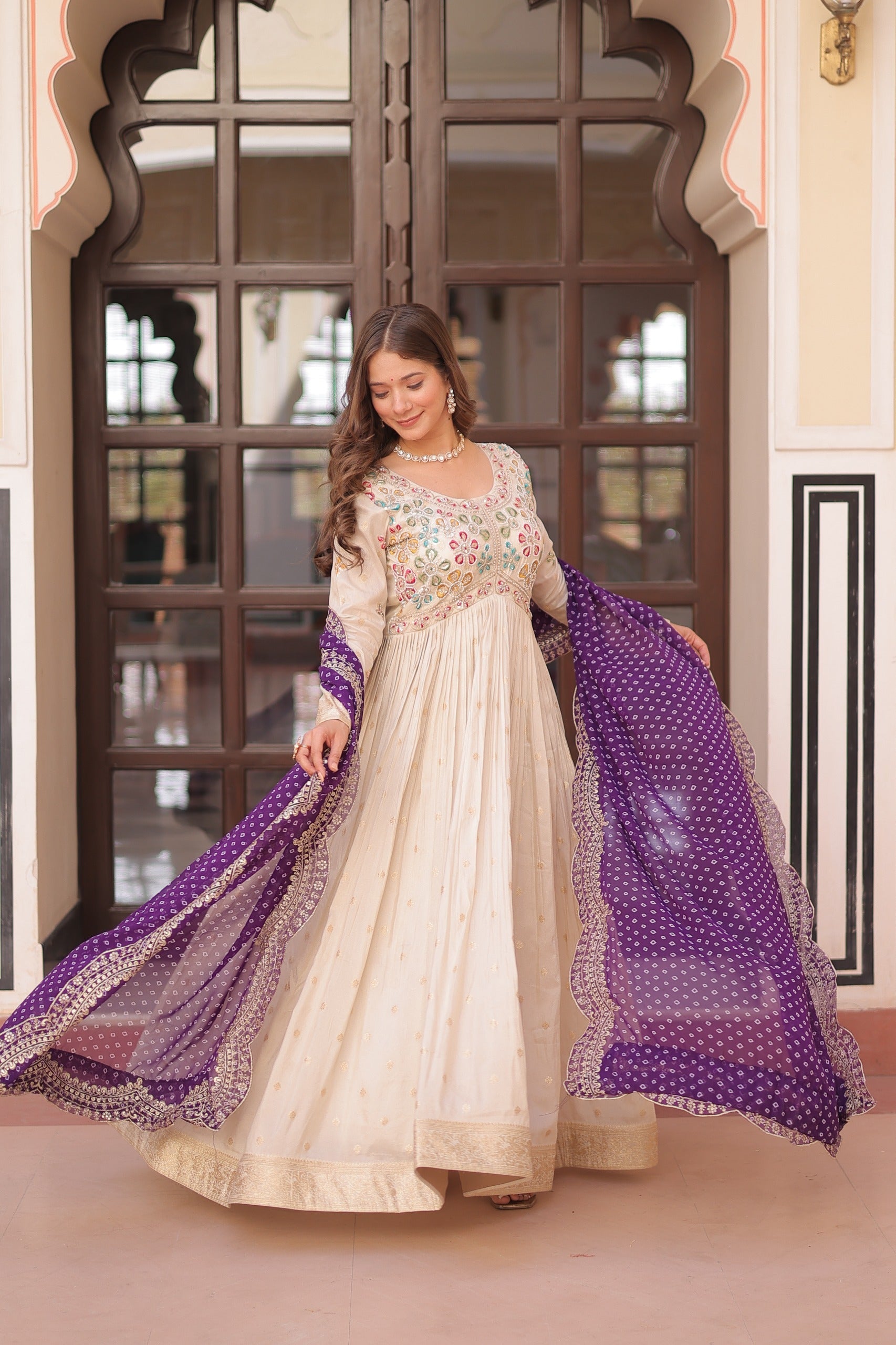 Cream Cosmos Jacquard Gown with Pearl Bead Embroidery