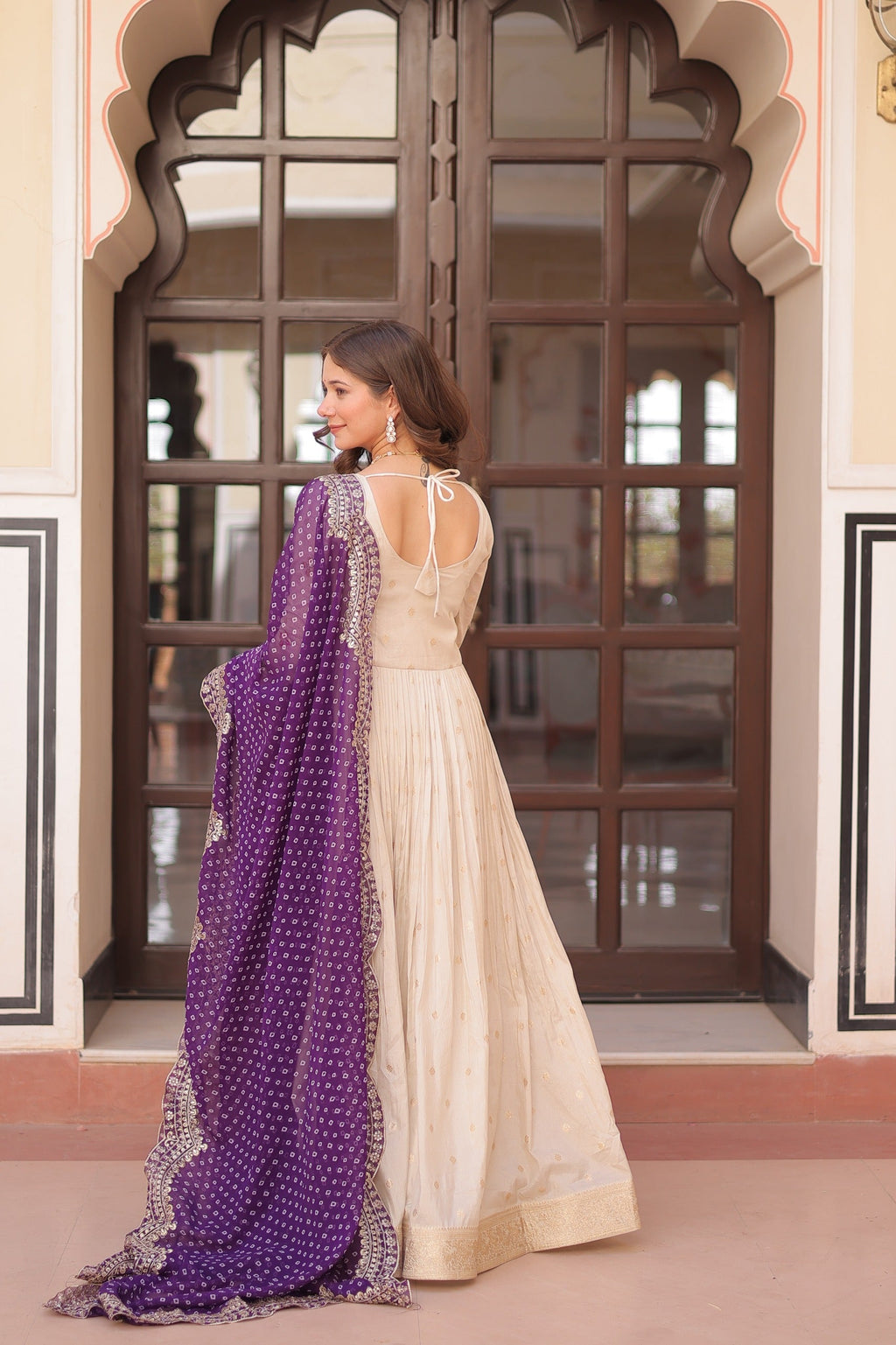 Cream Cosmos Jacquard Gown with Pearl Bead Embroidery