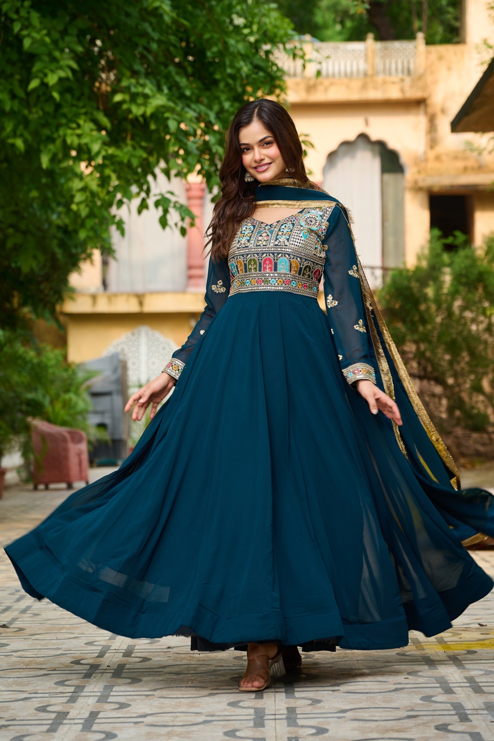 Rama Embroidered Georgette Gown with Dupatta and Full Sleeves
