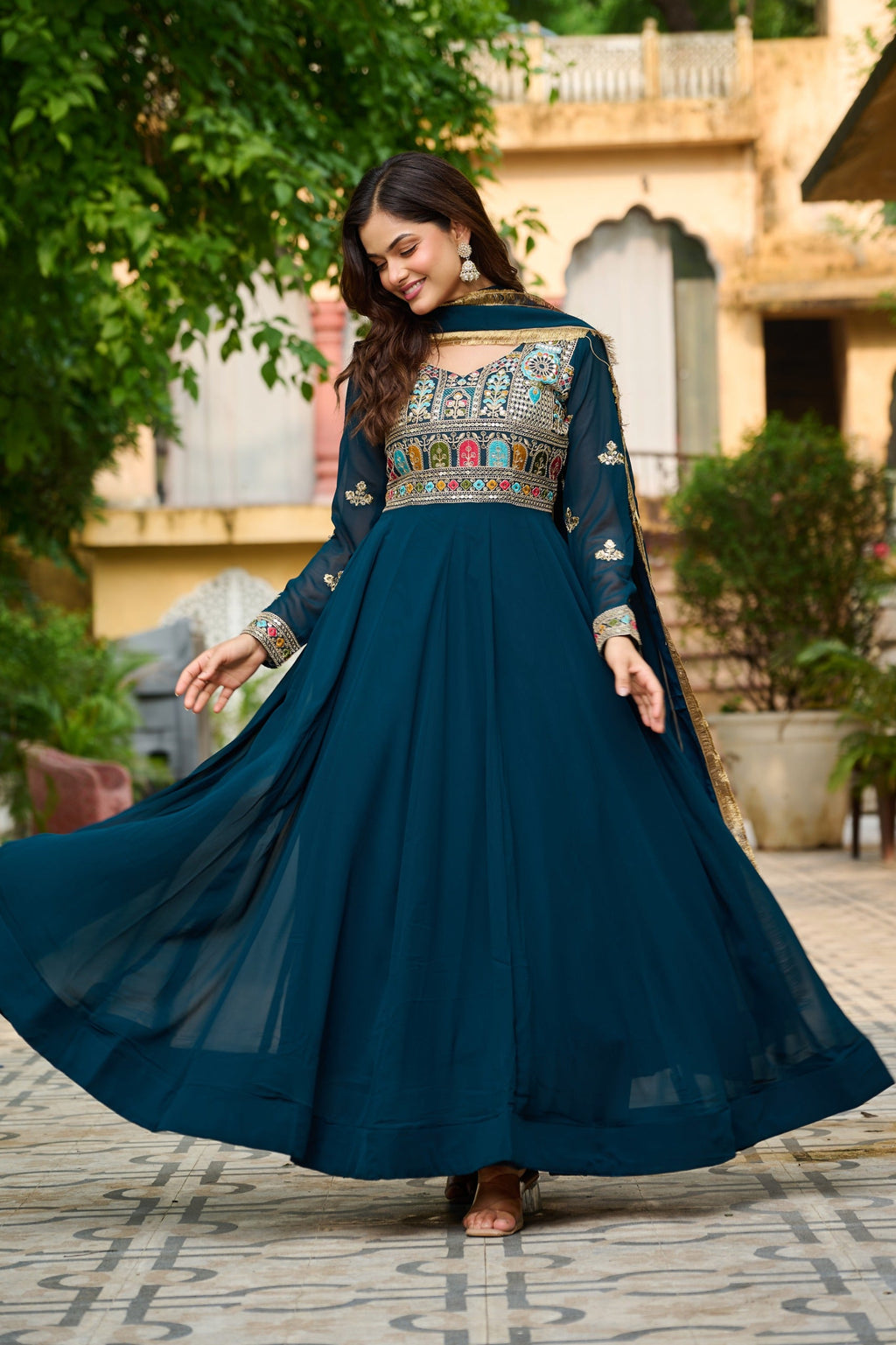 Rama Embroidered Georgette Gown with Dupatta and Full Sleeves