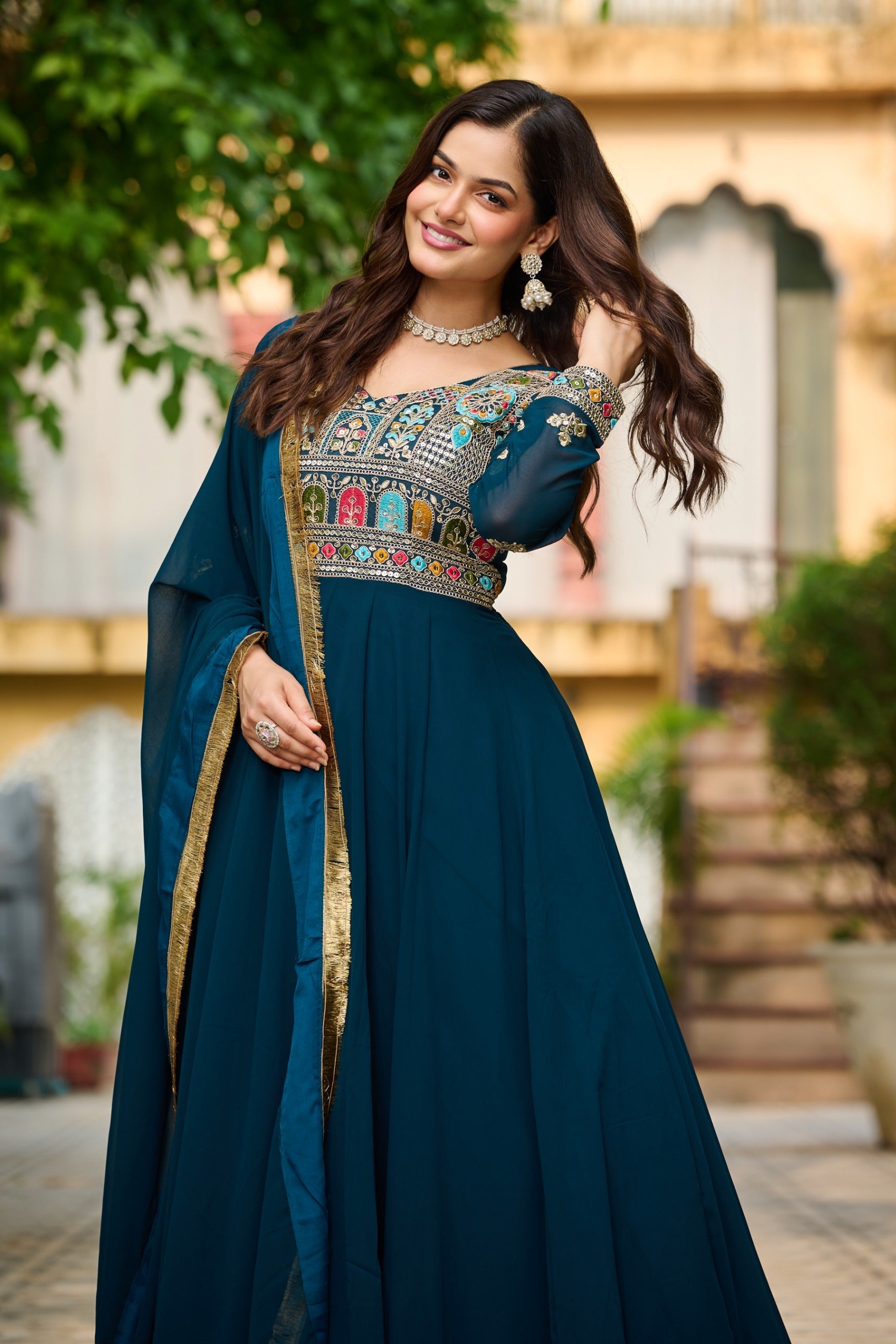 Rama Embroidered Georgette Gown with Dupatta and Full Sleeves