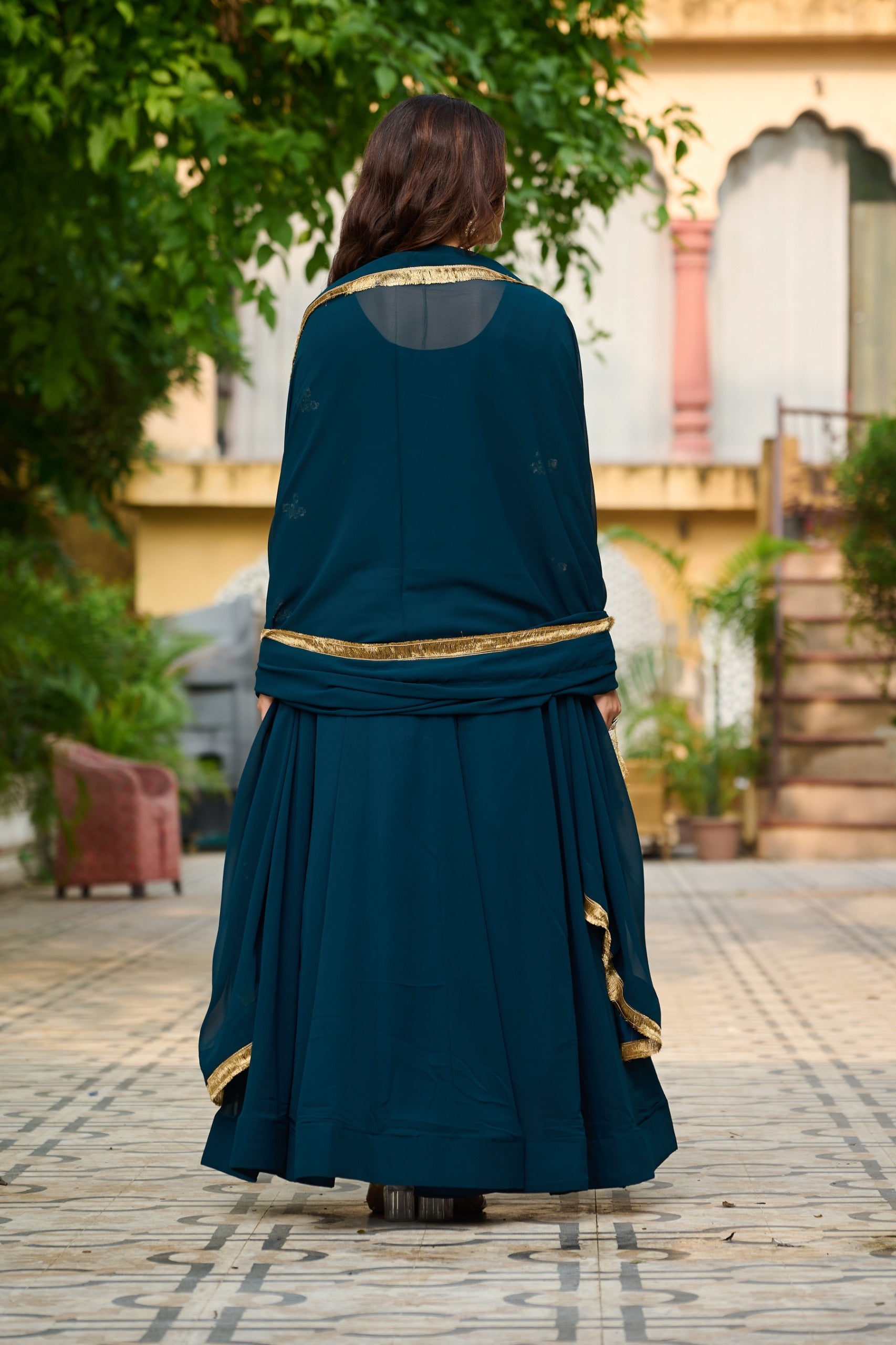 Rama Embroidered Georgette Gown with Dupatta and Full Sleeves