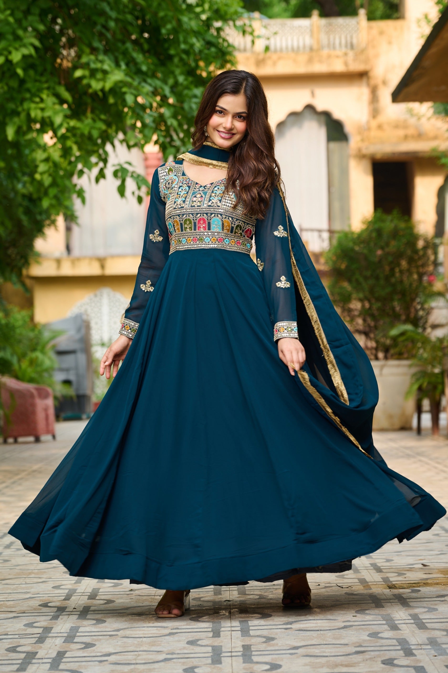 Rama color full-sleeve georgette gown with matching dupatta and thread embroidery