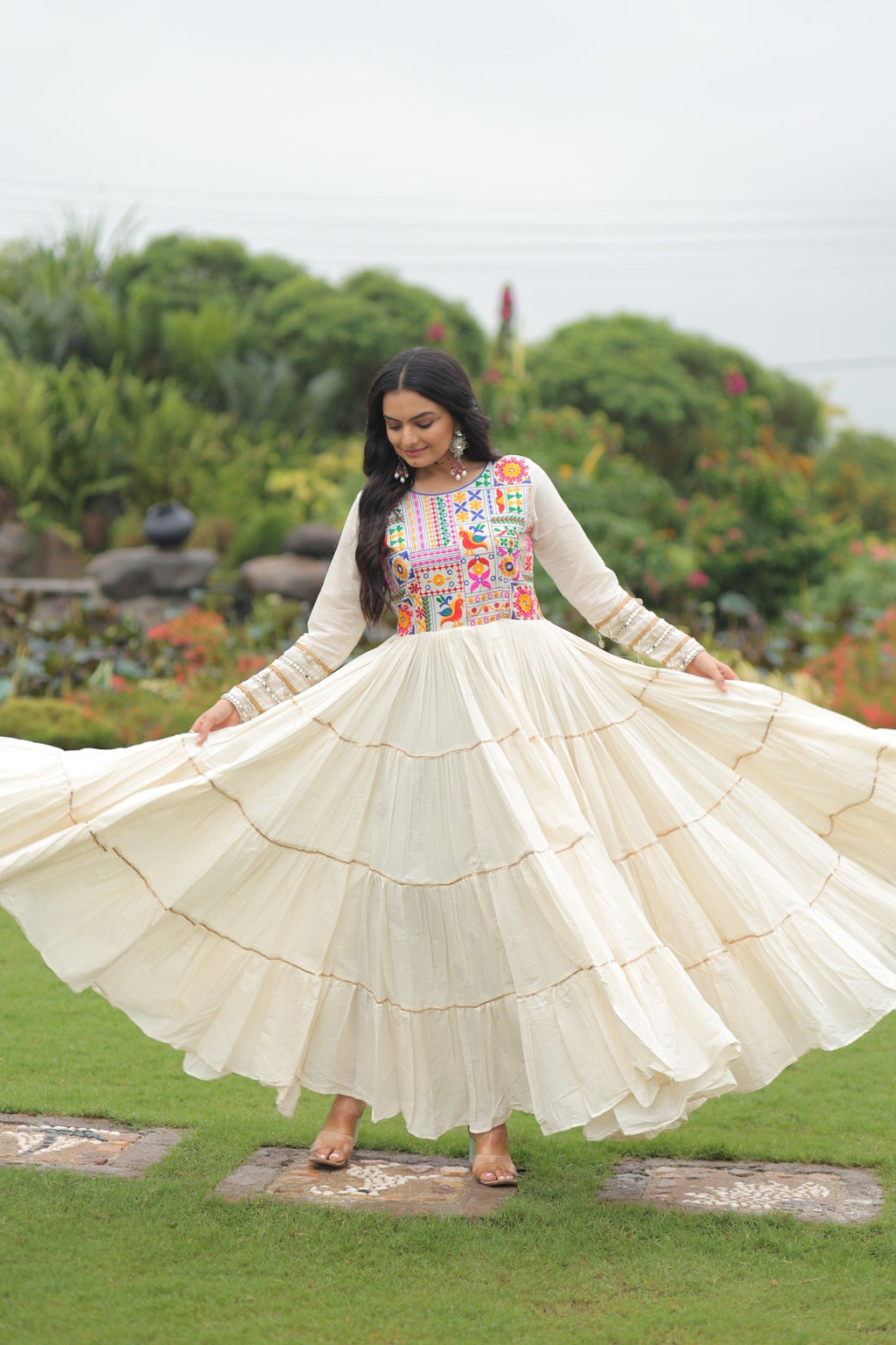 Prazu Fashion Off White Cotton Thread Embroiderd Navratri Gown
