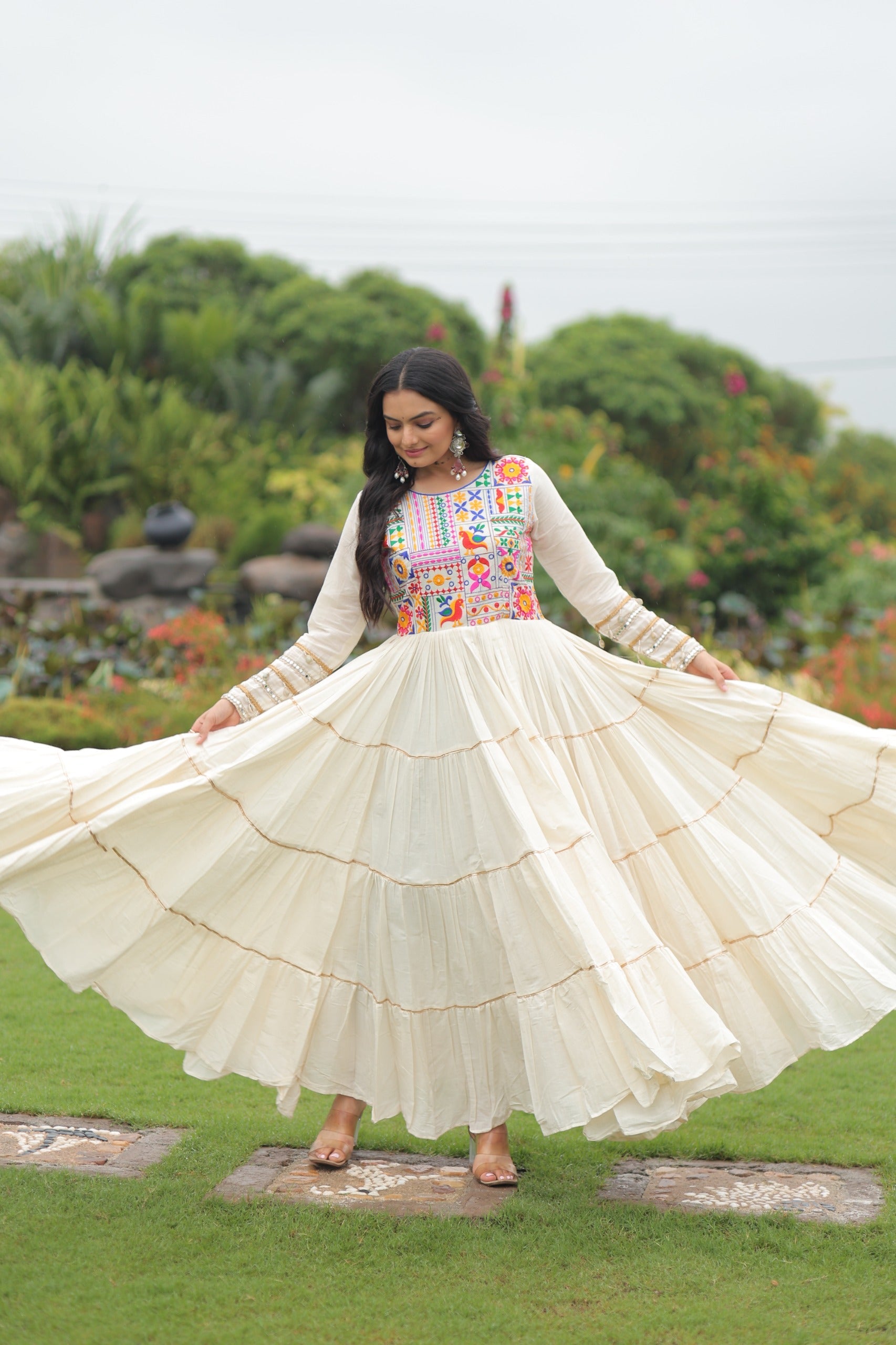 Prazu Fashion Off White Cotton Thread Embroiderd Navratri Gown
