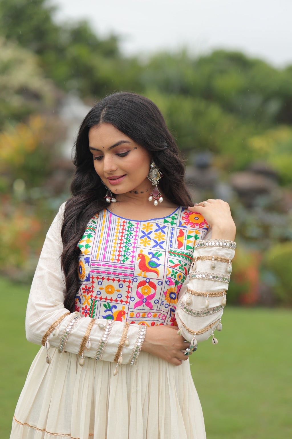 Prazu Fashion Off White Cotton Thread Embroiderd Navratri Gown