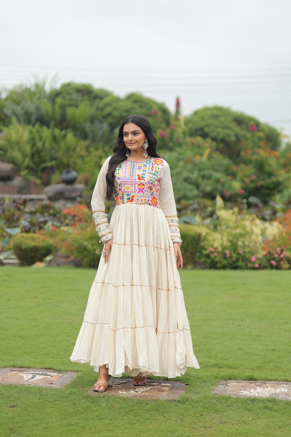 Lorenvalley Fashion Offwhite Kora Cotton with Multi Thread Embroidered & Gota patti Work Gown