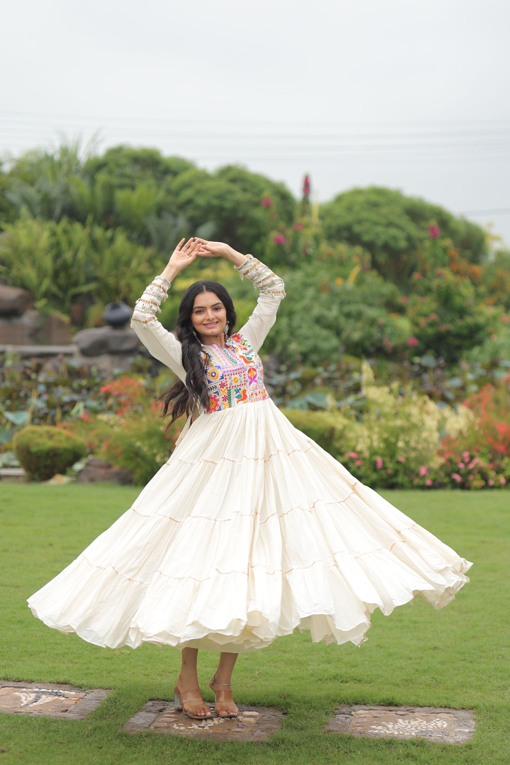 Lorenvalley Fashion Offwhite Kora Cotton with Multi Thread Embroidered & Gota patti Work Gown