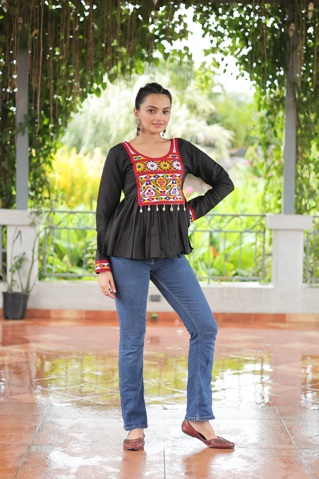 Black Roman Silk Top with Kutchi Gamthi Work