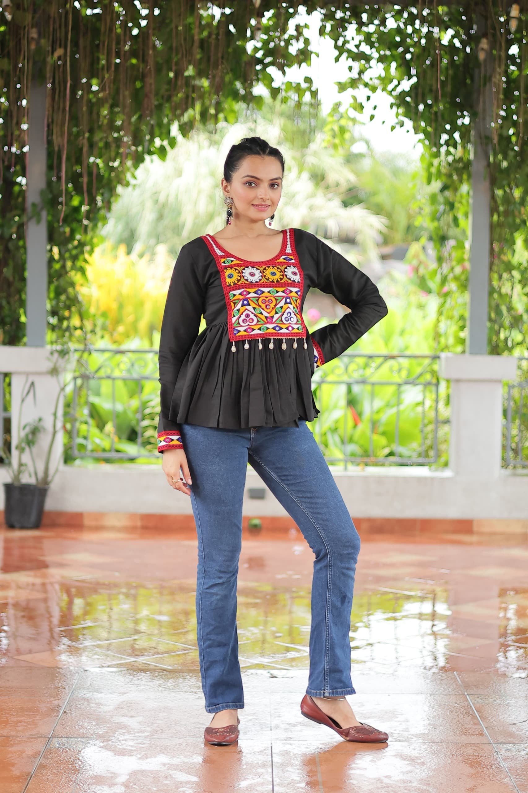 Black Roman Silk Top with Kutchi Gamthi Work
